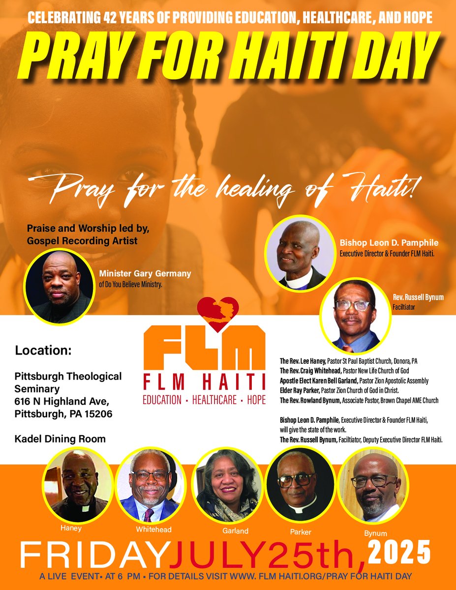 You are invited to join in with @FlmHaiti to #pray for #Haiti on Friday July 25th at 6:00PM EST! 🇭🇹♥️🙏🏾
Attend in person or virtually. For details visit - tinyurl.com/yzstze65