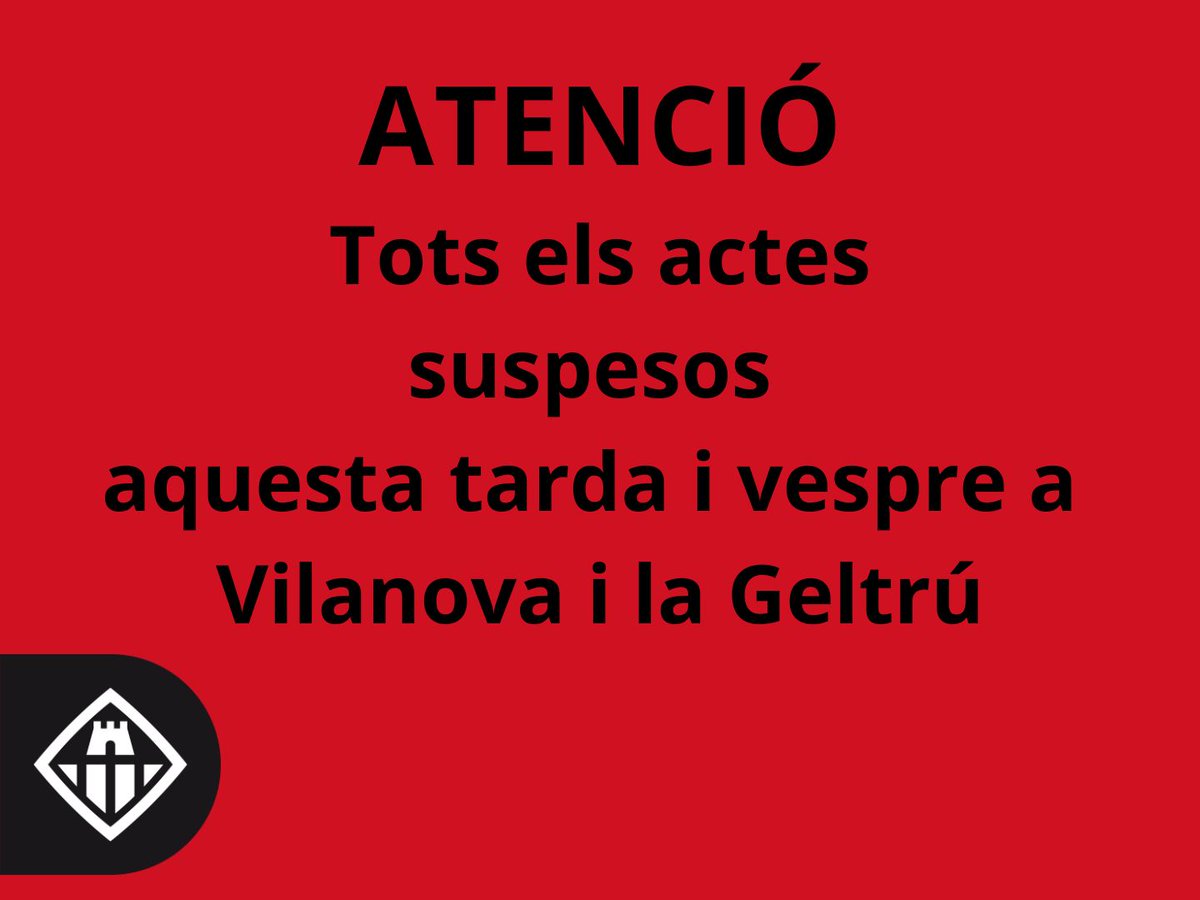 ‼️INFORMACIÓ‼️

A causa de la situació meteorològica i seguint els avisos de prevenció, s'anul·len tots els actes d'aquesta tarda i vespre a Vilanova i la Geltrú, inclosos els concerts d'avui del FIMPT
_
<a href="/ajuntamentvng/">Vilanova i la Geltrú</a> <a href="/FIMPT/">FIMPT</a>
#VilanovailaGeltrú #VNG