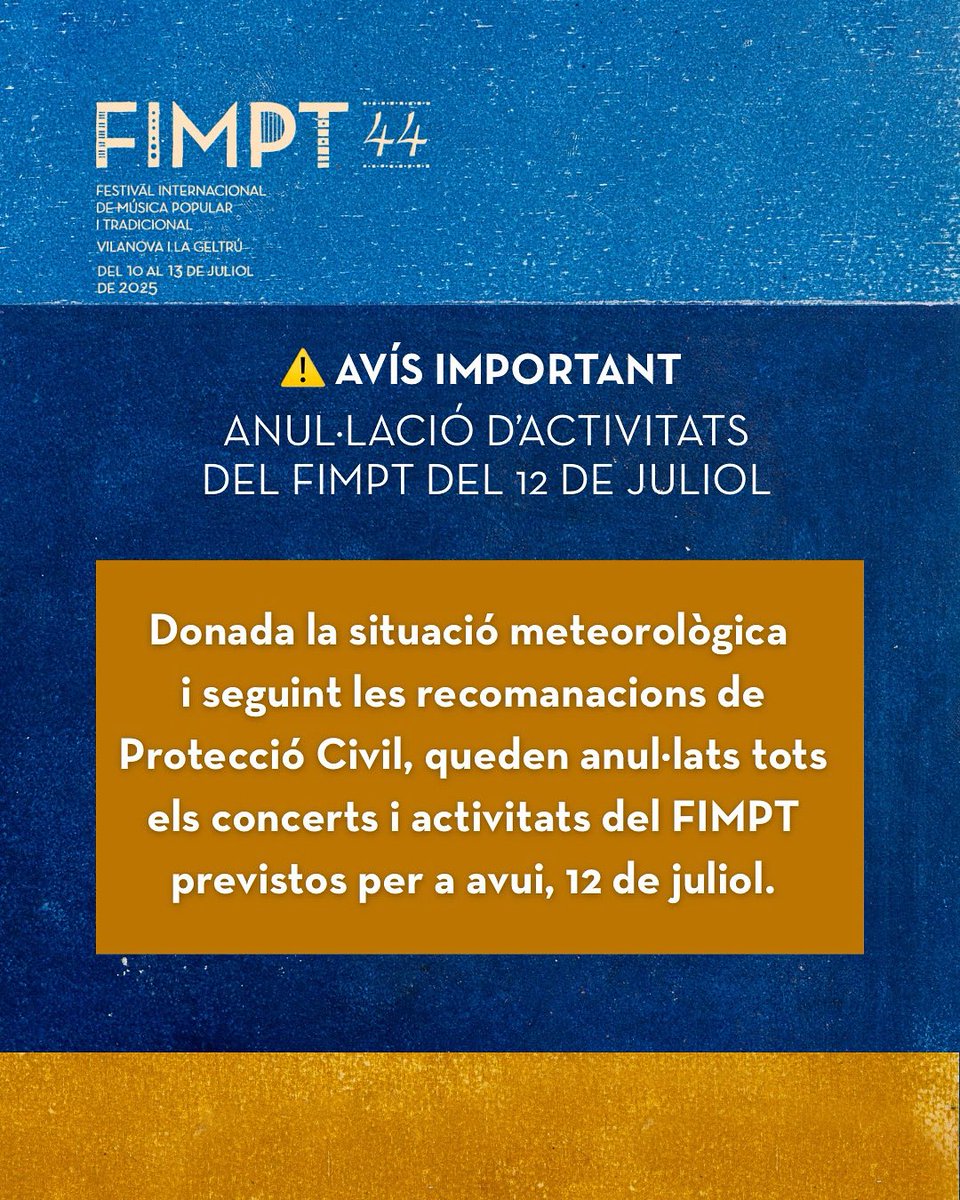 La programació del FIMPT prevista per a avui, 12 de juliol, queda anul·lada, davant la situació meteorològica i les indicacions de Protecció Civil.

Moltes gràcies per la comprensió i el suport. Ens retrobem demà amb més #44FIMPT. 💛