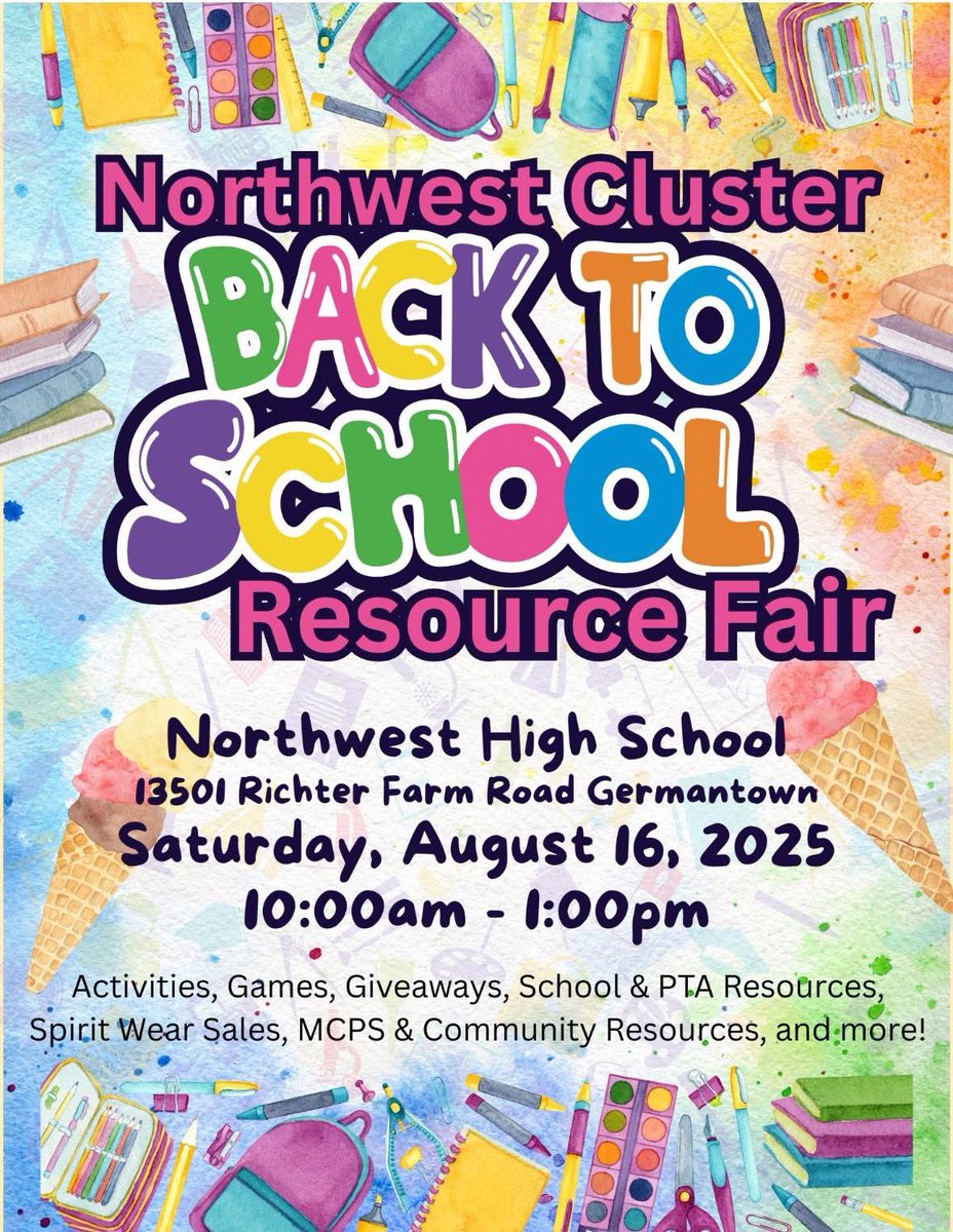 Northwest HS PTSA (@nwhsptsa) on Twitter photo Mark your 🗓️ for the NW Cluster Back-to-School Resource Fair on Sat. 8/16/25 from 10am-1pm at NW! PTSA will be giving away prizes/school supplies, <a href="/NWHSBoosters/">NWHS Booster Club</a> will be selling spirit wear! There will be MCPS/county resources, community partners,vendors, food trucks and more! ✏️ Mark your 🗓️ for the NW Cluster Back-to-School Resource Fair on Sat. 8/16/25 from 10am-1pm at NW! PTSA will be giving away prizes/school supplies, <a href="/NWHSBoosters/">NWHS Booster Club</a> will be selling spirit wear! There will be MCPS/county resources, community partners,vendors, food trucks and more! ✏️