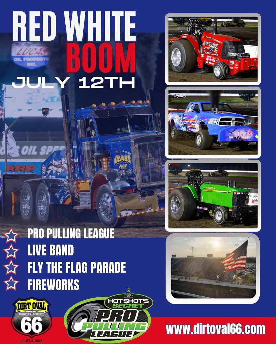 Tonight JULY 12TH

🇺🇸Red White Boom, Pro Pulling invades the DIRTY O 🇺🇸

🅿️ Parking &amp; gates open: 4:00 PM
🚗 Parade leaves for VFW for DO66 @ 6:15PM
🎉 Pre-Race Party &amp; Live Band: 4:00PM–8:00PM
🚜 Pulling Action Begins: 7:00 PM
🎇Fireworks 

🎟️ Ticket Info
• VIP All Access