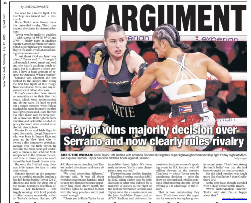 jschwartz115's tweet image. Katie Taylor now firmly owns this one-sided rivalry.
Third time was not the charm for Amanda Serrano:👇
nypost.com/2025/07/12/spo…