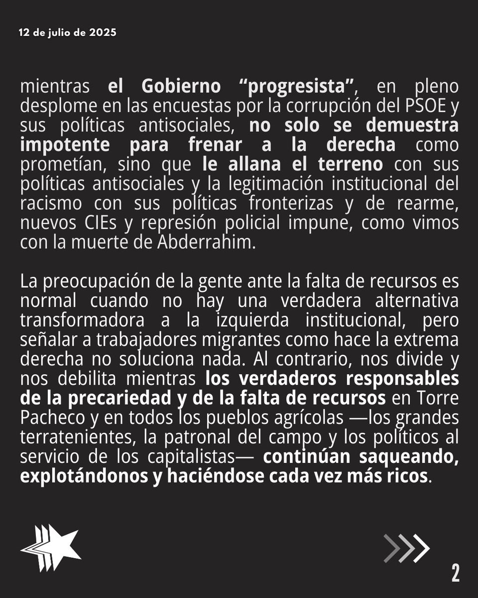 IZAR_Rev's tweet image. 🔴 COMUNICADO | RACISMO EN TORRE PACHECO
La extrema derecha instrumentaliza la indignación tras la agresión a un anciano para agitar la xenofobia y el racismo. La patronal se beneficia de esta división y nos explota por igual. El enemigo es de clase.
