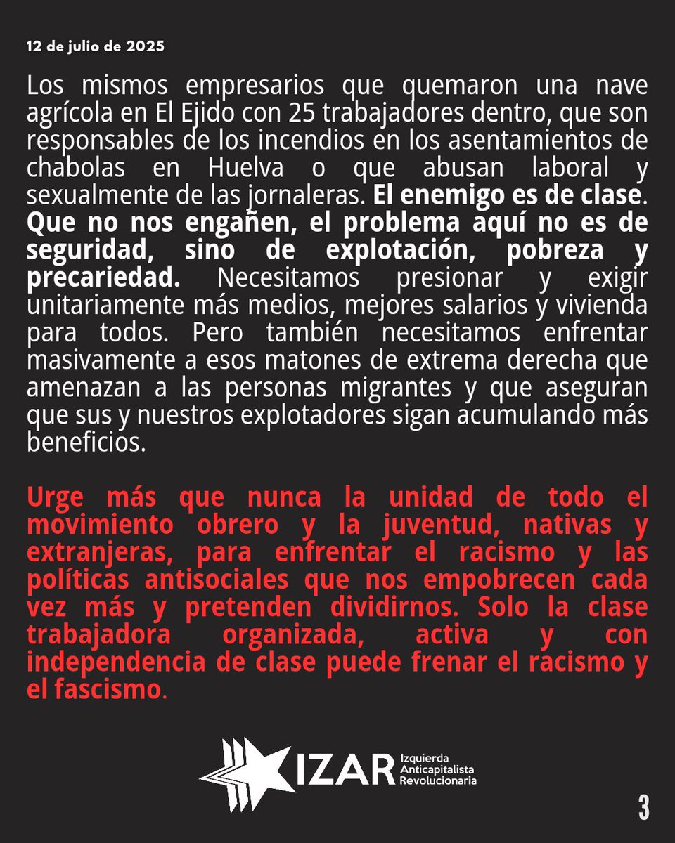IZAR_Rev's tweet image. 🔴 COMUNICADO | RACISMO EN TORRE PACHECO
La extrema derecha instrumentaliza la indignación tras la agresión a un anciano para agitar la xenofobia y el racismo. La patronal se beneficia de esta división y nos explota por igual. El enemigo es de clase.