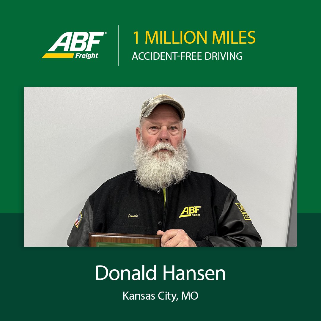 We’re proud to recognize Donald Hansen of Kansas City, MO, for reaching 1 million miles of accident-free driving with ABF Freight! Thank you for your outstanding commitment to safety on the road.