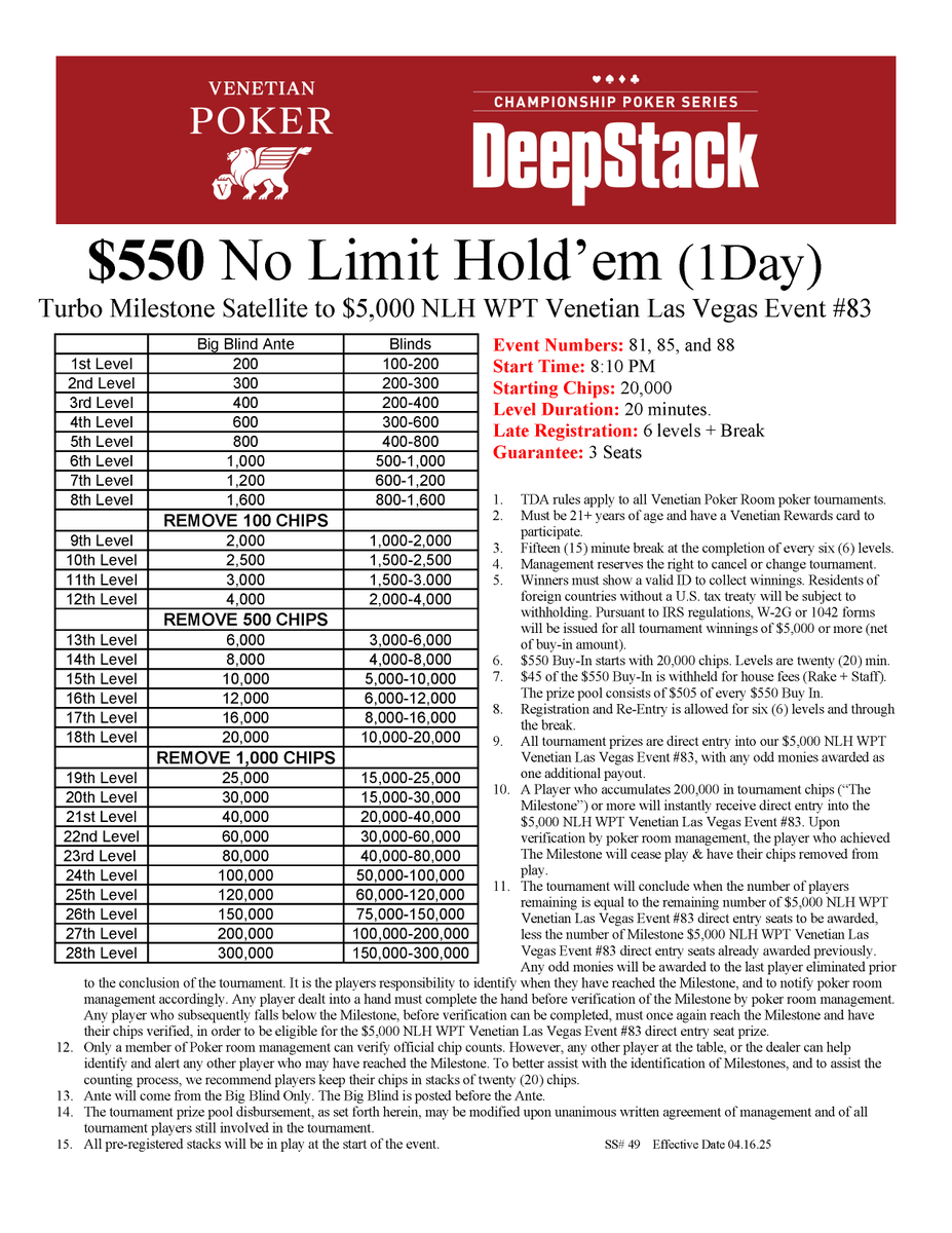 Tommy LaRosa (@venetiantd) on Twitter photo Today is your last chance to win you way into our DCPS $5,000 NLH <a href="/WPT/">World Poker Tour</a> $4 Mill <a href="/VenetianPoker/">Venetian Poker Room</a>.
$550 NLH Milestone Satellites today at 11:10 AM, 4:10 PM, and 8:10 PM (Turbo) award direct entry only. Today is your last chance to win you way into our DCPS $5,000 NLH <a href="/WPT/">World Poker Tour</a> $4 Mill <a href="/VenetianPoker/">Venetian Poker Room</a>.
$550 NLH Milestone Satellites today at 11:10 AM, 4:10 PM, and 8:10 PM (Turbo) award direct entry only.