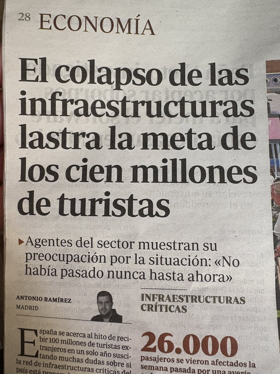 Creo que un titular más adecuado sería: ‘El colapso de 100 millones de turistas lastra la meta de las infraestructuras’ (estaciones a reventar, control de aeropuertos a rebosar, transporte urbano masificado, Uber por todas partes…).