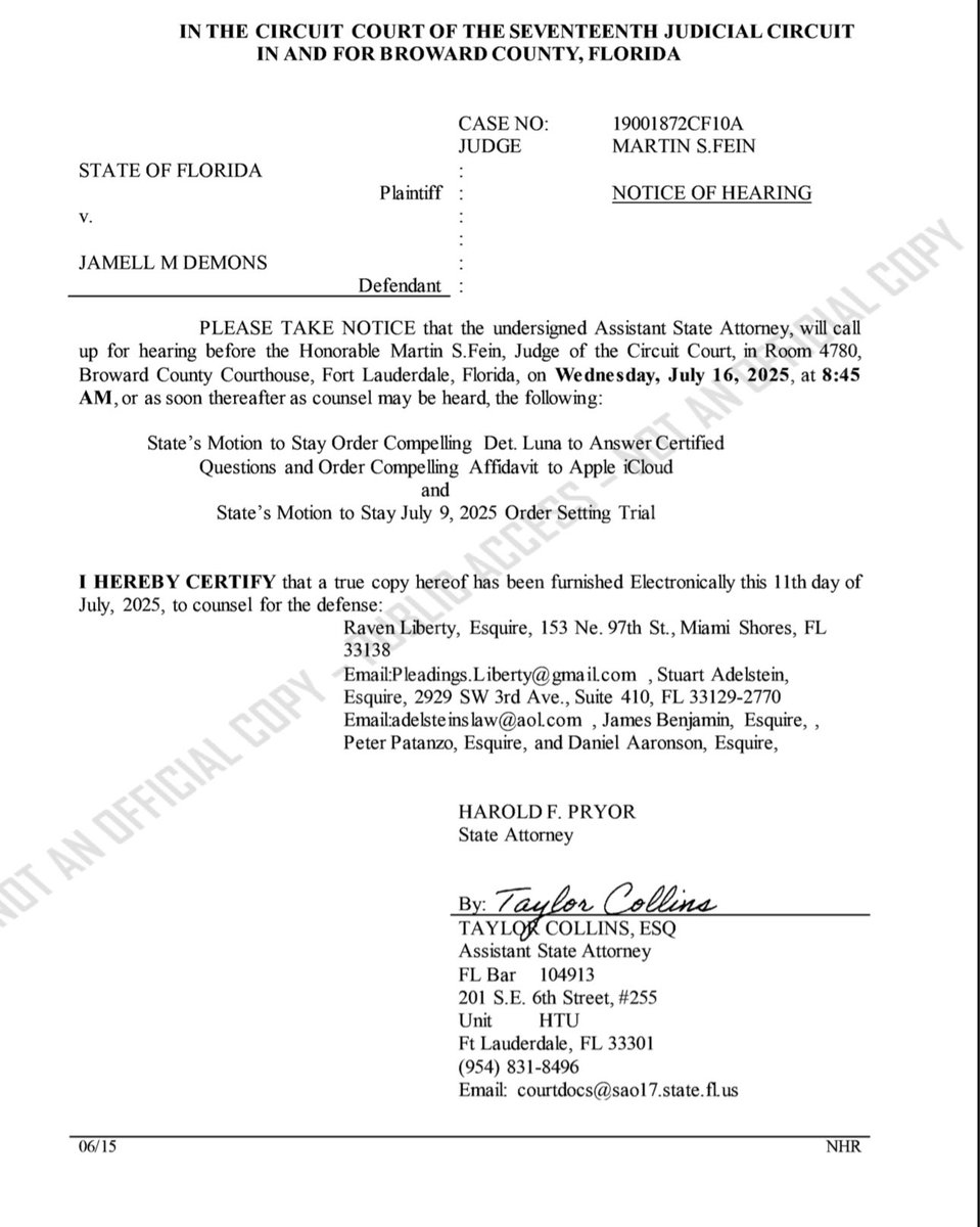 brysonboompaul's tweet image. #YNWMellyRetrial: The State have filed a hearing notice and discovery with Broward County Clerk on Friday (July 11).
ASA Taylor Collins is requesting a hearing to pause two court orders—one involving Detective Luna’s testimony and @Apple iCloud data, and another setting the…