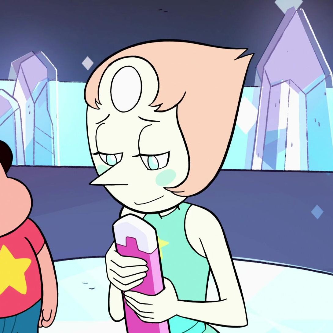 bismuth holding rose's sword and pearl holding its scabbard while both lovingly reminisce about rose quartz. this, too, is bispearlrose