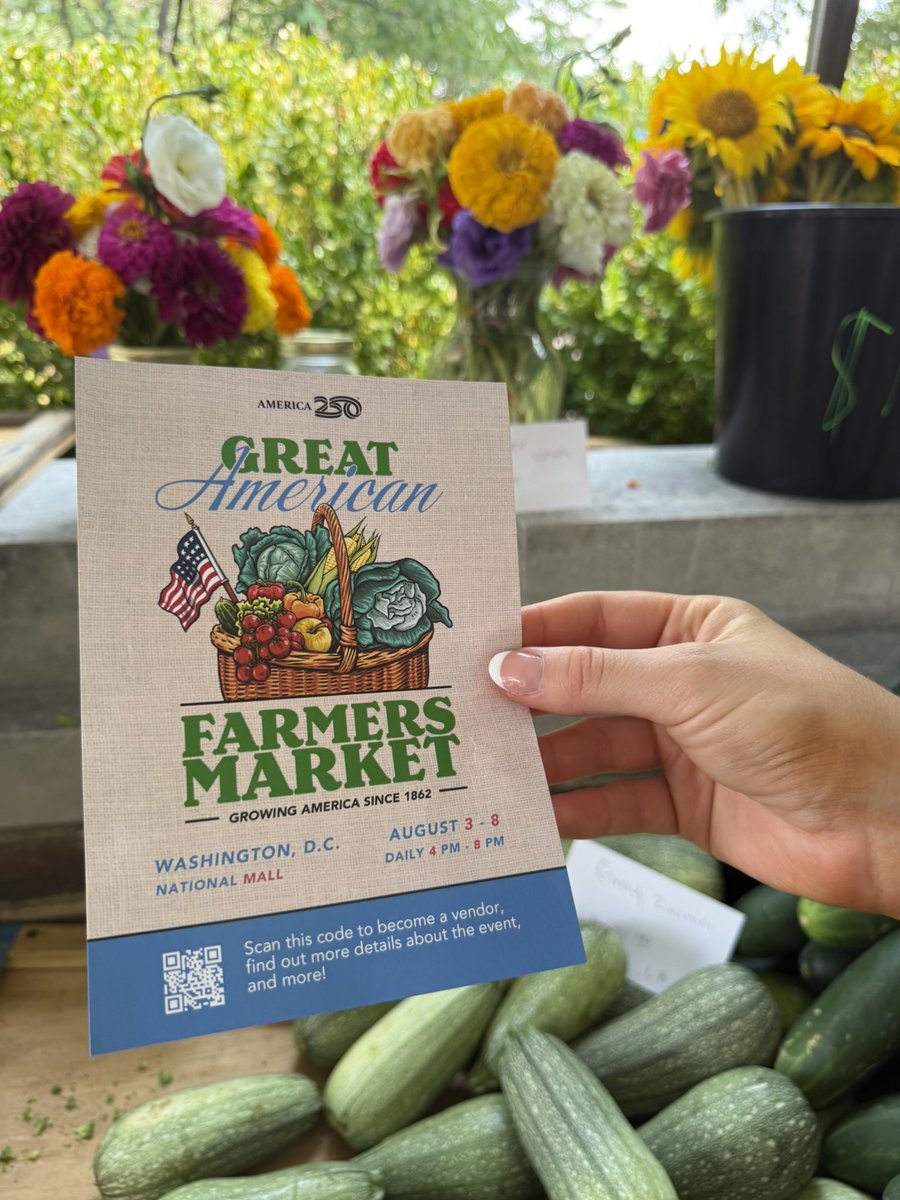 Secretary Brooke Rollins (@secrollins) on Twitter photo YOU’RE INVITED to <a href="/USDA/">Dept. of Agriculture</a>’s Great American Farmers Market on the National Mall! 🍅👩🏻🌾
Celebrate <a href="/America250/">America250</a> and National Farmers Market Week, Aug 3-8, 2025, 4-8pm daily. Enjoy fresh produce, local crafts, and more!
🚨 VENDORS: Apply by Sunday, July 13 @ 11:59PM ET ➡️ YOU’RE INVITED to <a href="/USDA/">Dept. of Agriculture</a>’s Great American Farmers Market on the National Mall! 🍅👩🏻🌾
Celebrate <a href="/America250/">America250</a> and National Farmers Market Week, Aug 3-8, 2025, 4-8pm daily. Enjoy fresh produce, local crafts, and more!
🚨 VENDORS: Apply by Sunday, July 13 @ 11:59PM ET ➡️