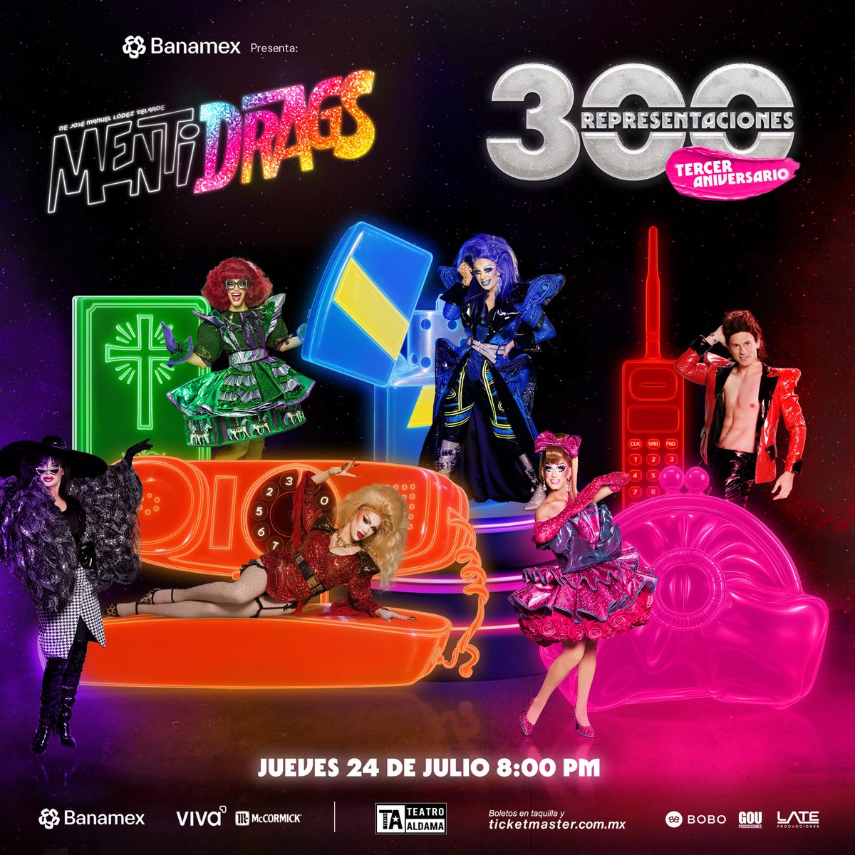 ¡3 años de #MentiDrags! 💋💙

Arte se transforma en muchas cosas, siempre es permitido el brillo, comedia y grandeza en la obra más brillante de México. 🧡💄

Este 24 de julio a 8:00 pm viviremos una función a lo grande con un elenco de alto impacto.🔥

🔗 ticketmaster.com.mx/mentidrags-mex…