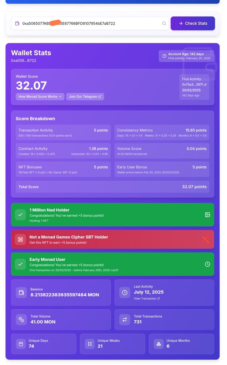 Roknuzzama13579's tweet image. **🟣 @monad_xyz Testnet Score Update 🚀
Wallet Score: 32.07 🎯

Early User

1M Nad NFT Holder ✅

Cipher SBT Missing ❌
Total Transactions: 731 🔄
Total Volume: 41 MON 💰
#Monad #MonadTestnet #CryptoActivity #AirdropHunt**