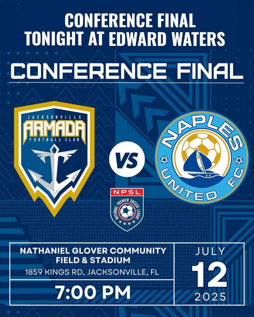jacksonville_fc's tweet image. Jacksonville Armada FC CONFERENCE FINAL/PLAYOFF GAME TONIGHT!!!! Let's Go!!!!
Get your tickets here: jacksonvillearmada.com
National Premier Soccer League