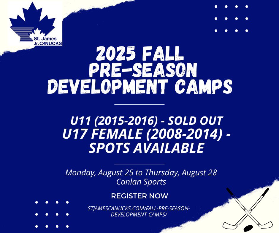 Spots still available for the U17 Female 2025 Fall Pre-Season Development Camp:
stjamescanucks.com/fall-pre-seaso…

This camp is designed not only to enhance individual skill levels, but also to emphasize the importance of teamwork, work ethic, and maintaining a positive attitude.
#MMJHL