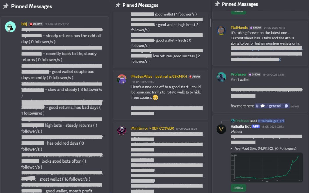 Our wallet-talk channel is on fire! 🔥

450+ messages since Monday, sharing top wallets to copy &amp; pro tips to find them 📈

Hop in &amp; boost your dlmm copy trading game, with 50 pinned messages hosting 100s of top performing wallets to pick from! 😃