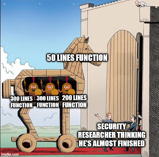 You have been auditing for the entire day, your brain is melted, one last function and you can finally rest!

Unless the function uses another function which calls another functions which in turn triggers another function...

We hate to see it but that is what we signed for