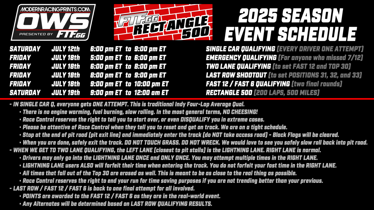 FTF_Racing's tweet image. THE RECTANGLE IS BACK!!!
THE RECTANGLE IS BACK!!!!!!!!!!!!!
Qualifying for the fourth annual FTF.gg Rectangle 500 starts TONIGHT at 6pm ET on twitch.tv/ftf_gg
More details: Discord.gg/ftfgg