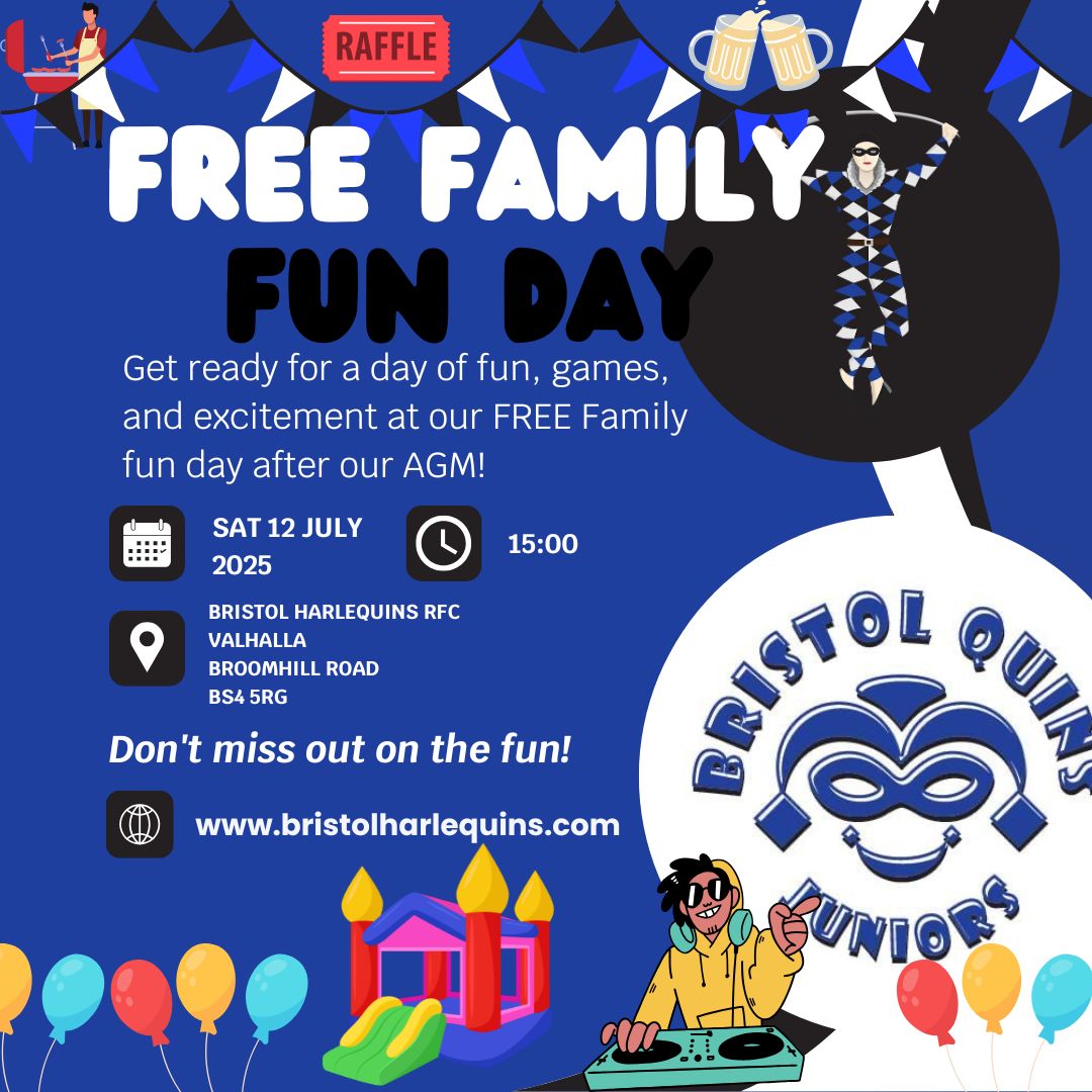 🎉 Following the completion of our AGM, we’re thrilled to announce that our FREE Family Fun Day is now open!

Bring the whole family along for a day packed with fun, laughter, and community spirit at Bristol Harlequins RFC! 🏉🎈🍦

🔵⚫️⚪️ #BristolHarlequins