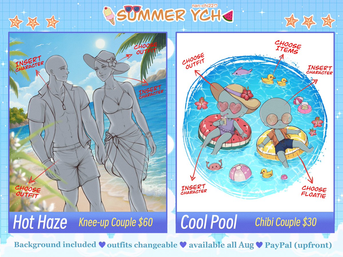 nan_chi22's tweet image. 🌊🏖️ Summer YCH 🏖️🌊
Available until the end of August
Oc x canon, Oc x Oc, all fandoms accepted
Feel free to dm for any questions!