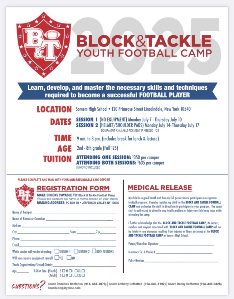 Block & Tackle Football Camp (@block_tackle_fb) on Twitter photo BLOCK & TACKLE 🏈 CAMP
Registration is STILL open for Session 2! Please reach out at BandTCamp@yahoo.com if interested!! Next week we put on THE PADS!!!
<a href="/PacFootballMSA/">MSA Youth Football</a> <a href="/MSApacsports/">MSA Sports</a> <a href="/SomersSports/">SomersYouthSportsOrg</a> <a href="/somersyouthfb/">somersyouthfootball</a> <a href="/TaconicYFC/">Taconic YFC</a> BLOCK & TACKLE 🏈 CAMP
Registration is STILL open for Session 2! Please reach out at BandTCamp@yahoo.com if interested!! Next week we put on THE PADS!!!
<a href="/PacFootballMSA/">MSA Youth Football</a> <a href="/MSApacsports/">MSA Sports</a> <a href="/SomersSports/">SomersYouthSportsOrg</a> <a href="/somersyouthfb/">somersyouthfootball</a> <a href="/TaconicYFC/">Taconic YFC</a>