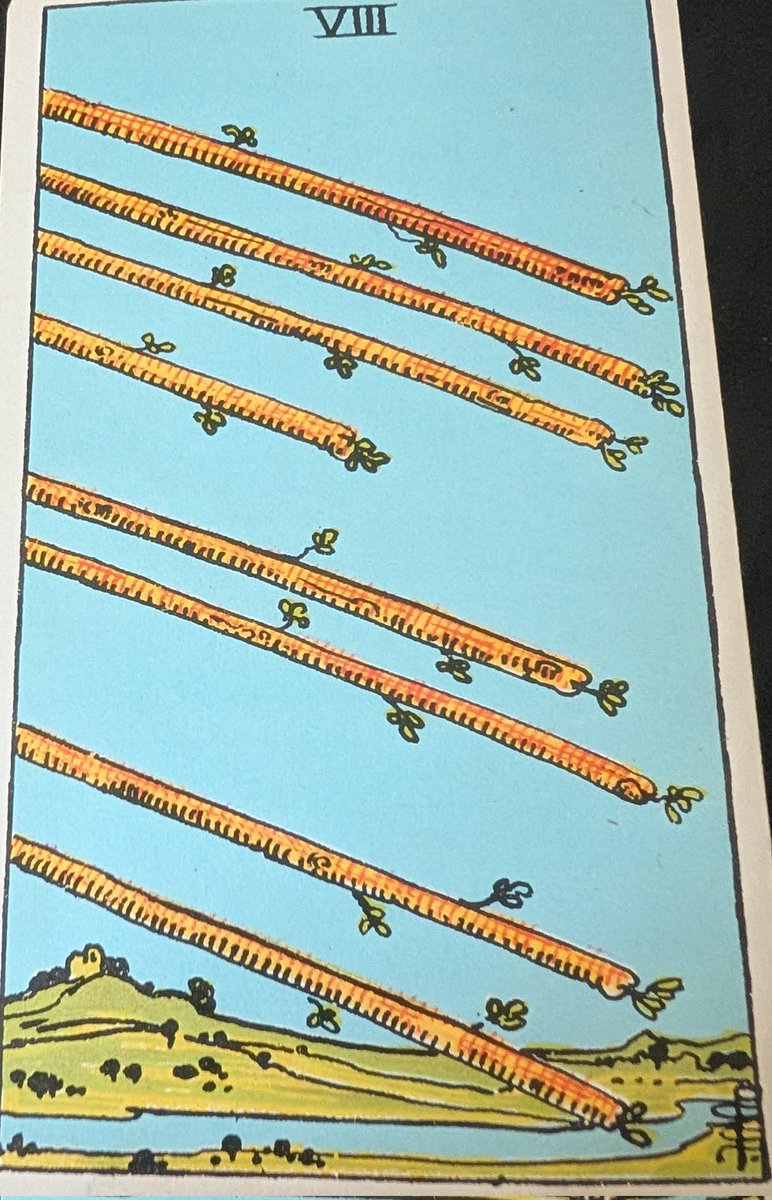 Weekend Tarot: Eight of Wands
"Great haste, great hope.  Too rapid advancement.  That which is on the move.  Messages, letters of love, approach to a goal. Possible journey by air."  
Life is hectic. Remember to breathe.