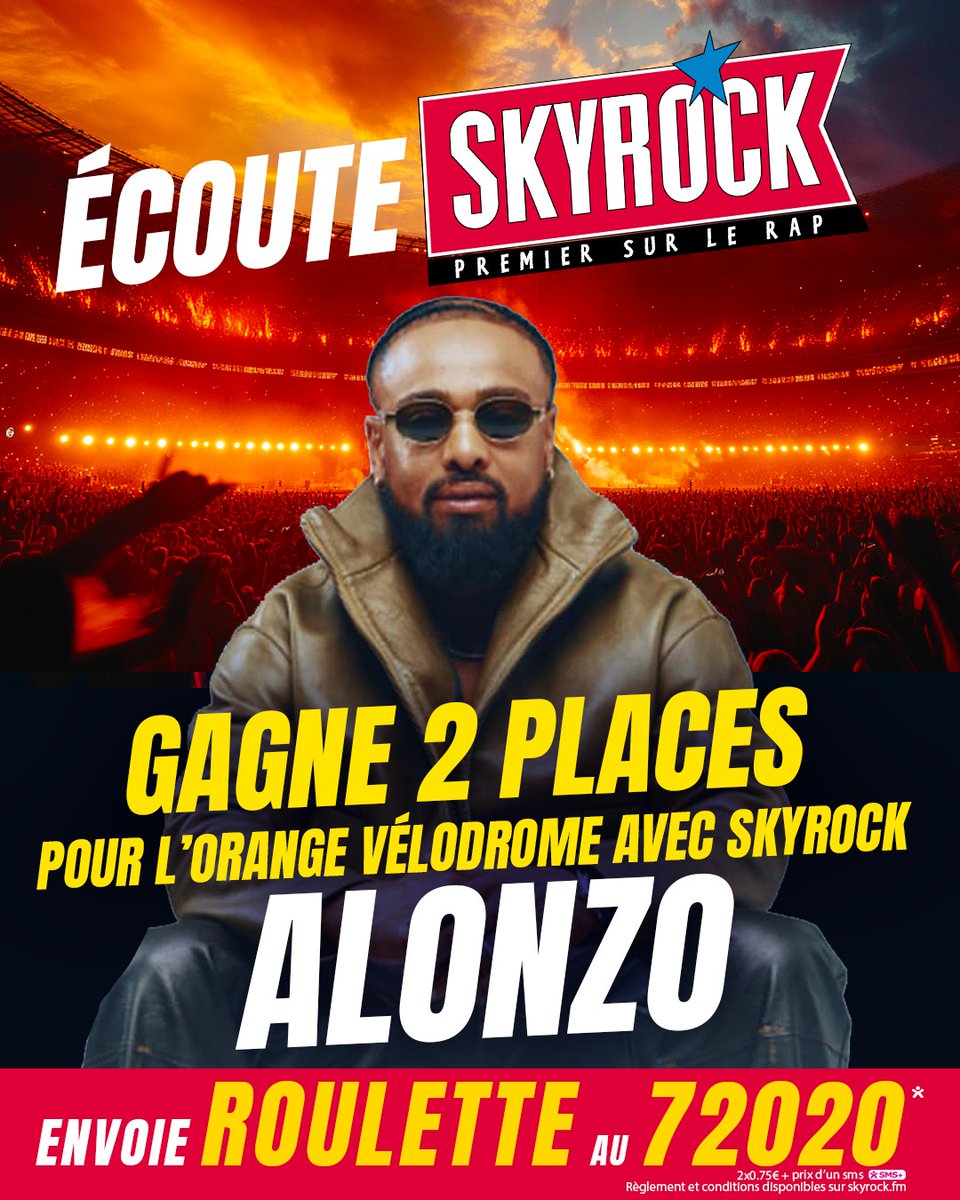 🎁 #Roulette 🎁
 
Avant 11h, gagne tes 2 places pour le #Concertskyrock d’<a href="/Alonzopsy4/">Alonzo</a> au Stade Vélodrome le 19 juillet !

Envoie "Roulette" au 7 20 20*
*2x0,75€ + Prix d'un SMS