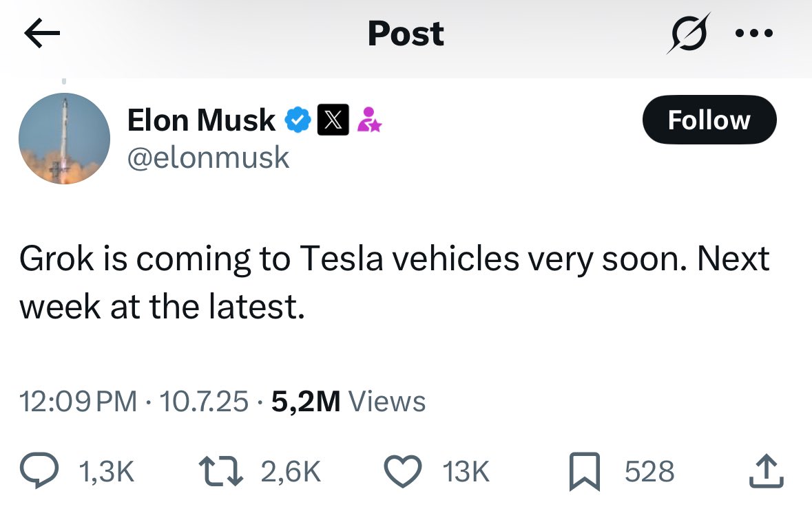 richtimenow's tweet photo. Teslas are getting GrokAI next week—just after its ‘Mecha Hitler’ issue. https://t.co/eOeldwnWct