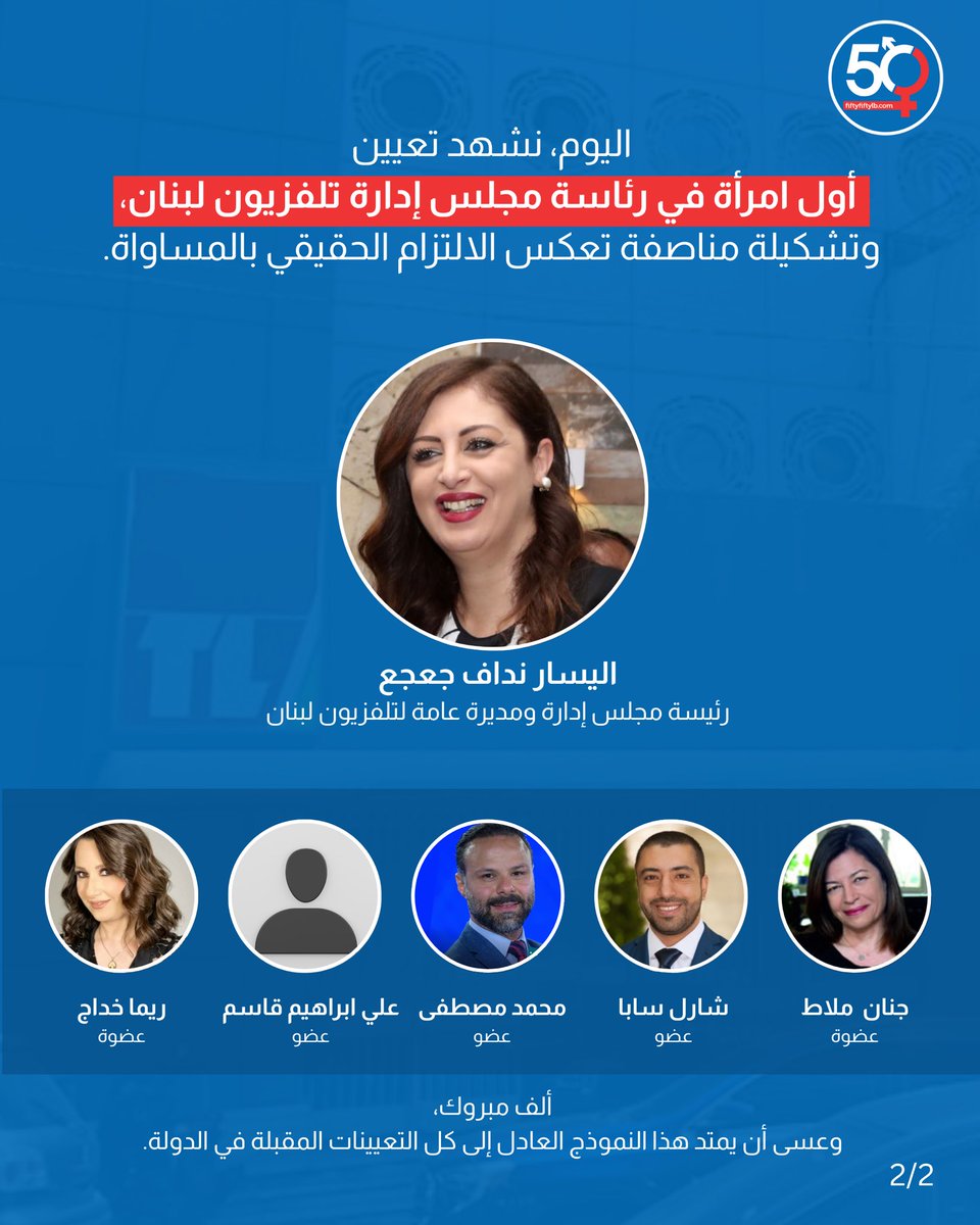 ألف مبروك،  
وعسى أن يمتد هذا النموذج العادل إلى كل التعيينات المقبلة في الدولة.  
#المناصفة_قرار #النساء_في_مواقع_القرار #تلفزيون_لبنان

<a href="/DrPaulMorcos/">Dr. Paul Morcos</a>