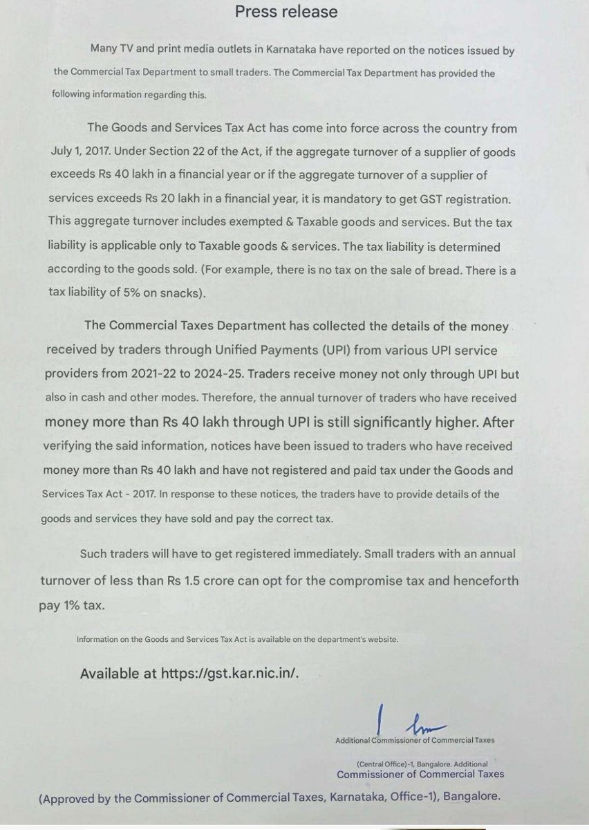 Capt.Santhosh. K.C. (@captsanthoshkc) on Twitter photo Got a notice from <a href="/KarnatakaCTD/">CTDKarnataka</a> regarding UPI payments ..
Don't panic .
The Karnataka Commercial Tax Department has clarified recent media reports concerning notices issued to small traders regarding Goods and Services Tax (GST) compliance.
<a href="/CMofKarnataka/">CM of Karnataka</a> Got a notice from <a href="/KarnatakaCTD/">CTDKarnataka</a> regarding UPI payments ..
Don't panic .
The Karnataka Commercial Tax Department has clarified recent media reports concerning notices issued to small traders regarding Goods and Services Tax (GST) compliance.
<a href="/CMofKarnataka/">CM of Karnataka</a>