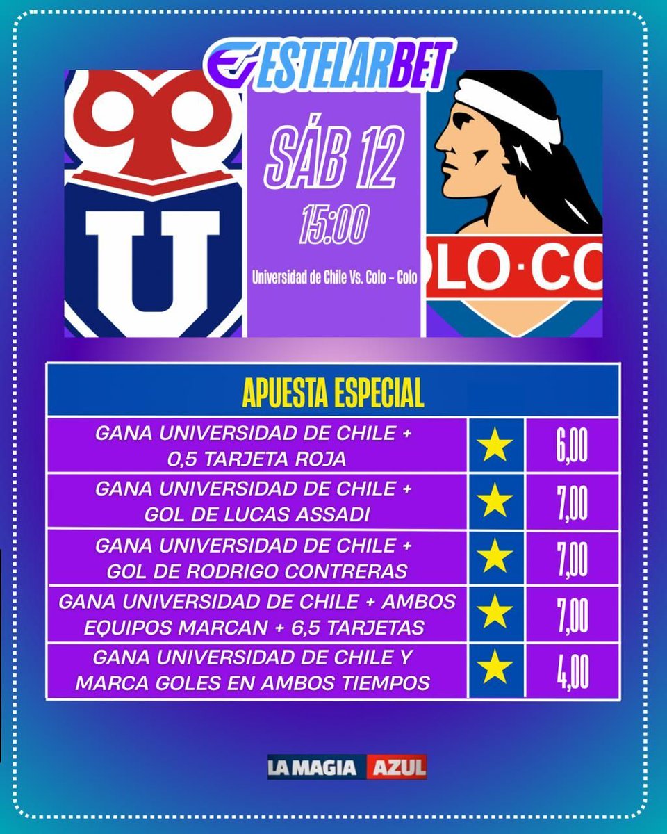 La Magia Azul (@lamagiaazul) on Twitter photo ¡HOY JUGAMOS TODOS! 🤘💙 
La U va con todo al Superclásico y <a href="/EstelarBet/">Estelarbet</a> lo sabe 🤘 
REGÍSTRATE con el código LAMAGIA en Estelarbet, deposita $5.000 o más para obtener una apuesta gratis de $10.000 
👇 👇 👇 
estelarbet.vip/?btag=454862_l…* 
#LaMagiaAzul #VamosLaU #VamosBulla #LaU ¡HOY JUGAMOS TODOS! 🤘💙 
La U va con todo al Superclásico y <a href="/EstelarBet/">Estelarbet</a> lo sabe 🤘 
REGÍSTRATE con el código LAMAGIA en Estelarbet, deposita $5.000 o más para obtener una apuesta gratis de $10.000 
👇 👇 👇 
estelarbet.vip/?btag=454862_l…* 
#LaMagiaAzul #VamosLaU #VamosBulla #LaU