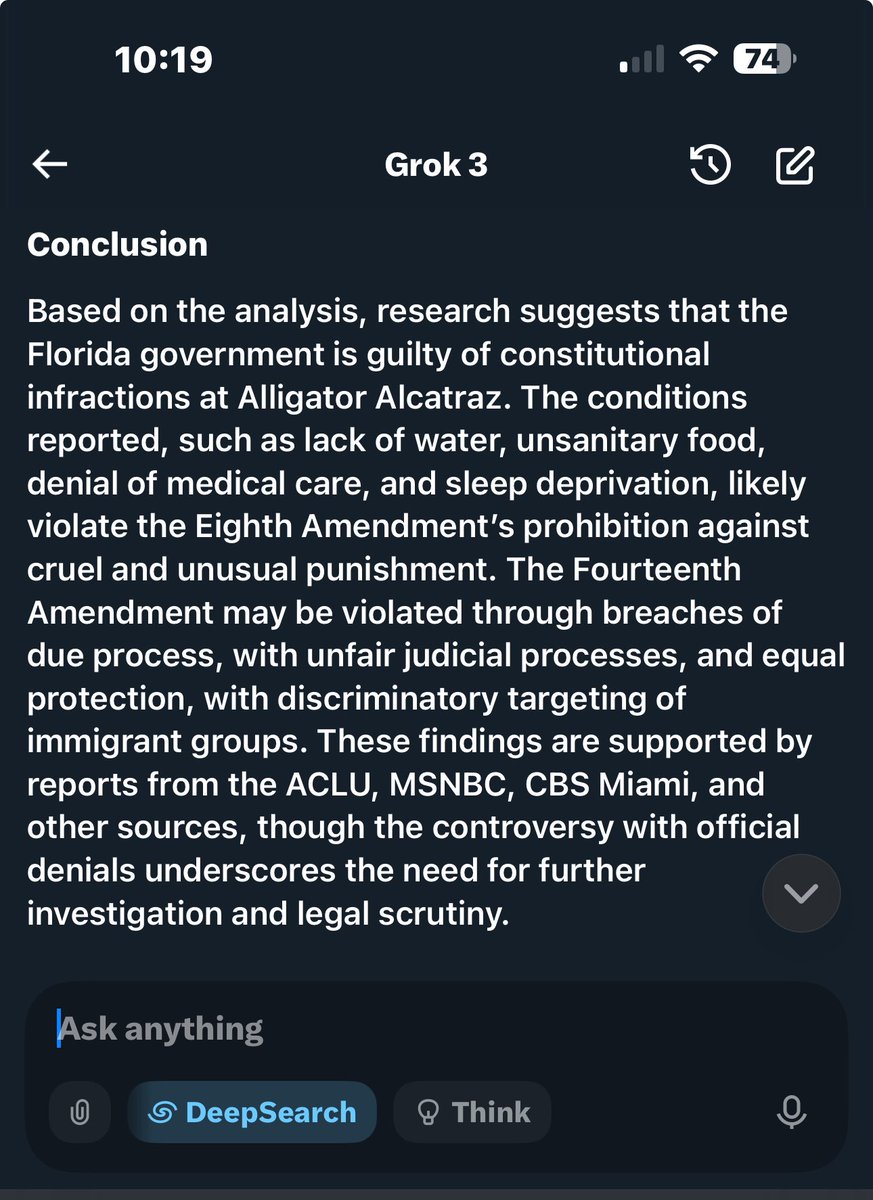 MadeInTheUSANJ's tweet image. At 10:19 AM this morning Grok agreed the Alligator Alcatraz is violating both the 8th Amendment (no cruel or unusual punishment) and our 14th Amendment (due process for all people)
Don’t let MAGA see this: