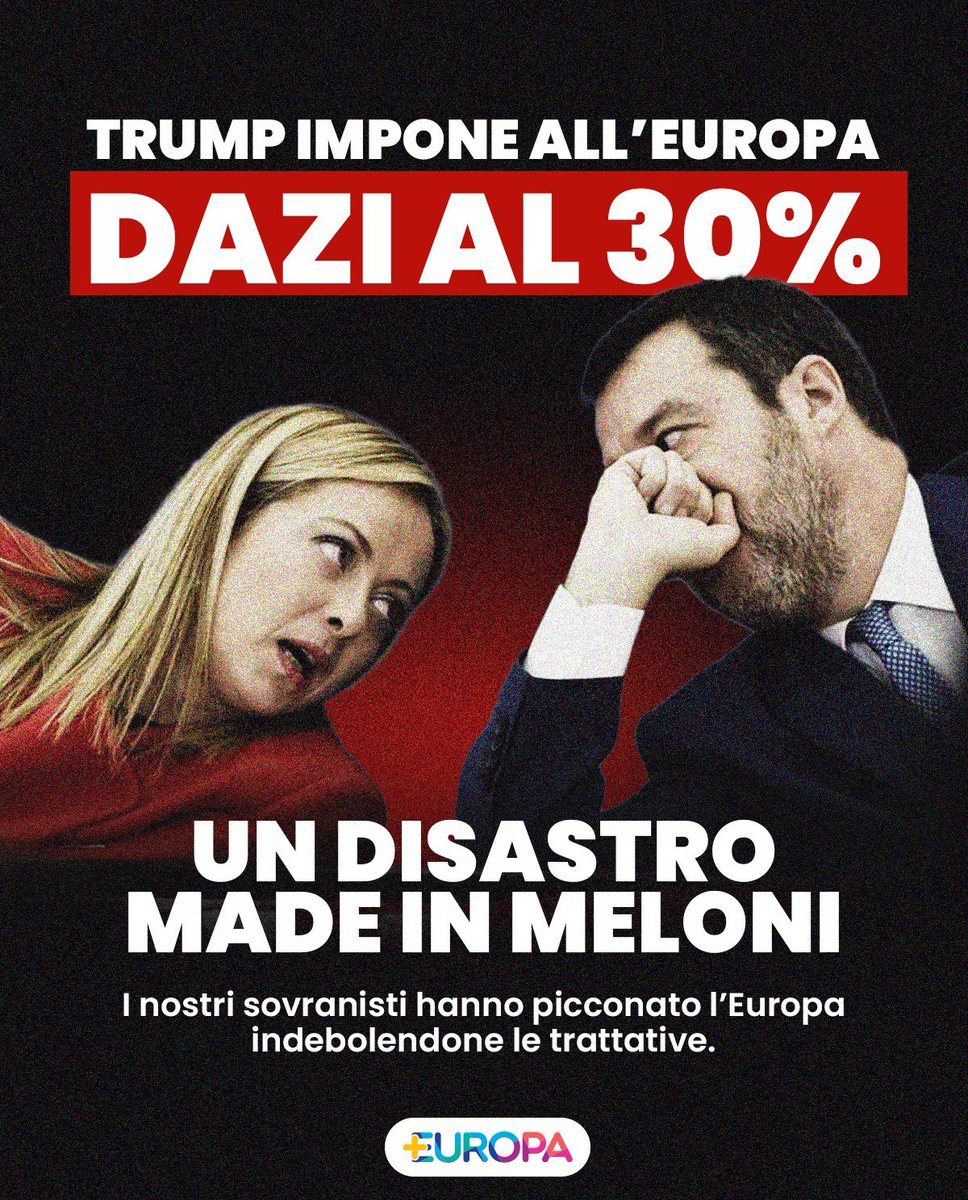 riccardomagi's tweet image. Trump ha annunciato dazi del 30% nei confronti dell’Unione Europea.
In termini di PIL e posti di lavoro parliamo di una vera e propria catastrofe per l’Italia di cui sono artefici anche Matteo Salvini, Giorgia Meloni e gli altri “patrioti” che hanno tifato per Trump, lo hanno…