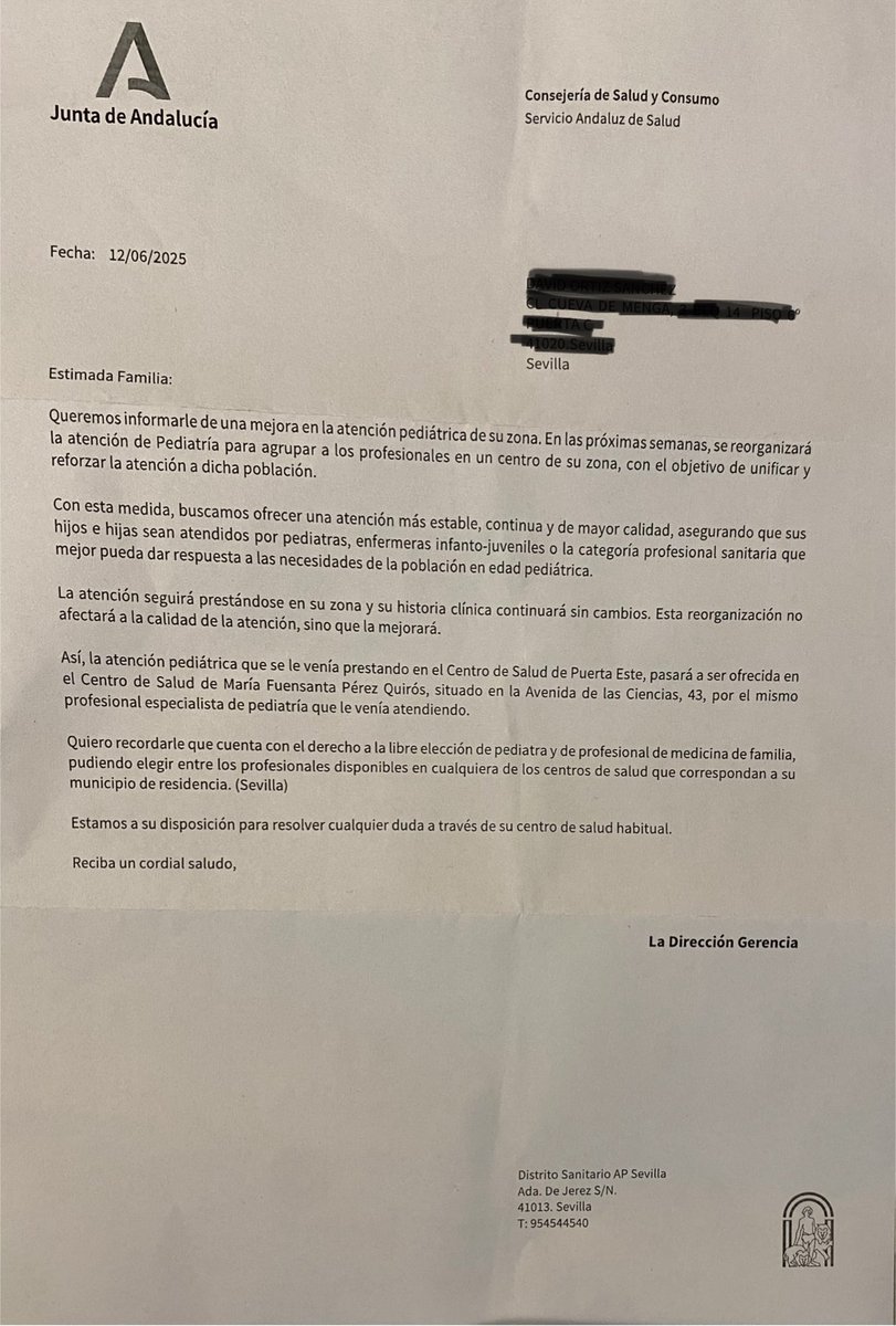 David Ortiz (@davo537) on Twitter photo La <a href="/AndaluciaJunta/">Junta de Andalucía</a> que preside <a href="/JuanMa_Moreno/">Juanma Moreno</a> cierra el servicio de atención pediátrica de centros de salud de Sevilla Este para reubicarlo en un único centro, con lo que ello significa, y te mandan carta definiéndolo como "una mejora". Recortan servicios y encima se recochinean. La <a href="/AndaluciaJunta/">Junta de Andalucía</a> que preside <a href="/JuanMa_Moreno/">Juanma Moreno</a> cierra el servicio de atención pediátrica de centros de salud de Sevilla Este para reubicarlo en un único centro, con lo que ello significa, y te mandan carta definiéndolo como "una mejora". Recortan servicios y encima se recochinean.