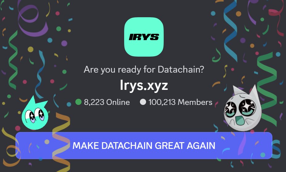 DeFi.NinJa | Elijah ๐ง๐ป ๐ (@elijahcrypted) on Twitter photo Are You Ready For Datachain?
WHOS CHANGE <a href="/irys_xyz/">Irys (โงแดโง)</a> INVITE DISCORD PAGE?!
HUGE congratulations Irys with 100k members in Discord. It's WOOOOOOW milestone.
What's next? 200k, 300k? Easy โ
MAKE DATACHAIN GREAT AGAIN ๐ฅ
#Irys100k Are You Ready For Datachain?
WHOS CHANGE <a href="/irys_xyz/">Irys (โงแดโง)</a> INVITE DISCORD PAGE?!
HUGE congratulations Irys with 100k members in Discord. It's WOOOOOOW milestone.
What's next? 200k, 300k? Easy โ
MAKE DATACHAIN GREAT AGAIN ๐ฅ
#Irys100k