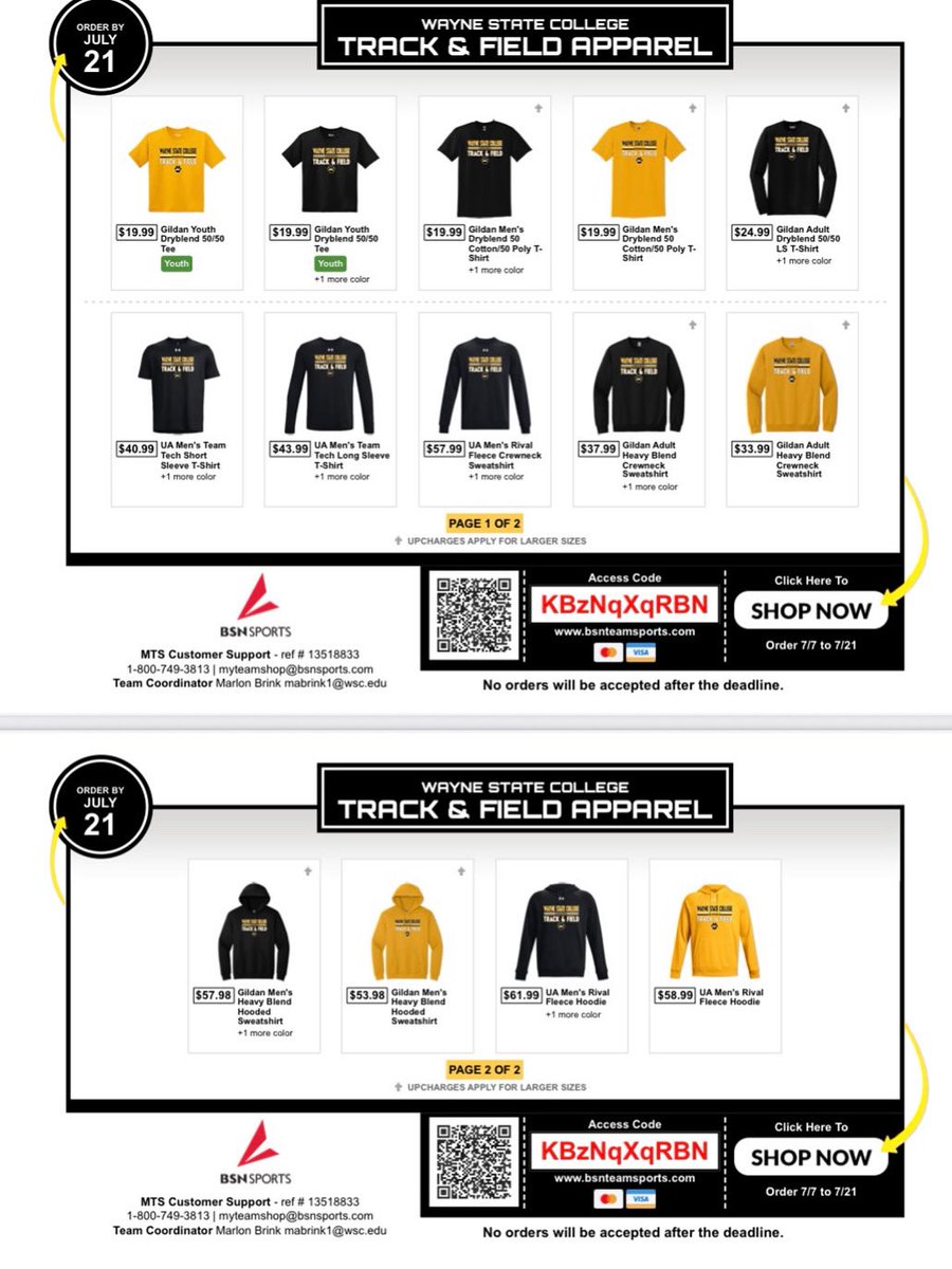 Happy Saturday Wildcats!! Remember the WSC Track and Field Store is opened until the 21st!!

Get your gear while supplies lasts!! You can get your gear here: bsnteamsports.com/shop/KBzNqXqRBN

We appreciate all you do for our team and the support you give our student-athletes!