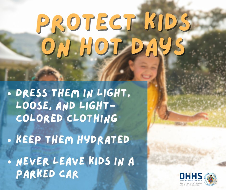 MoCoDHHS's tweet image. Infants and young children rely on others to keep them cool and hydrated when it's hot outside. Take steps to protect kids on hot days.
#HeatSafety