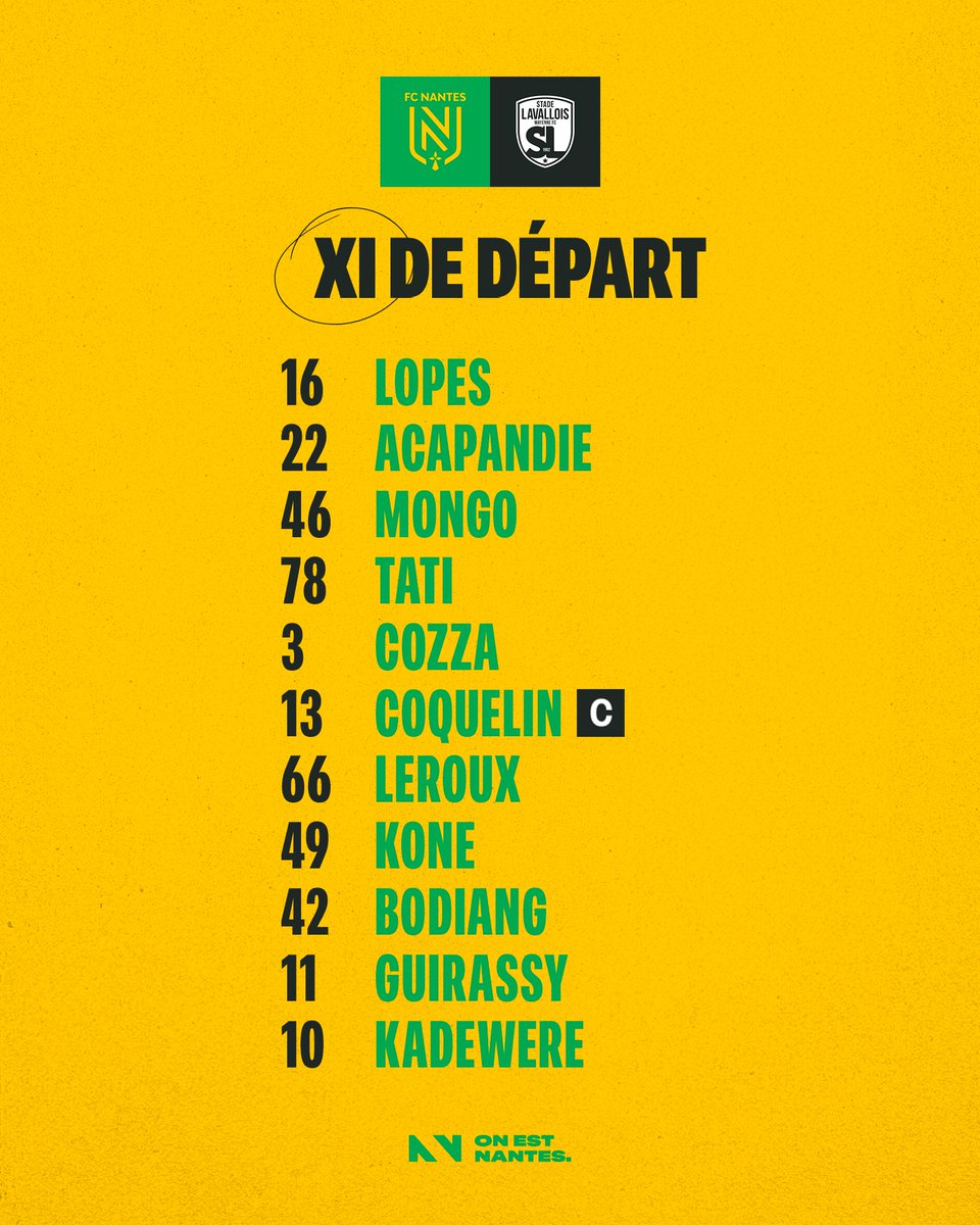 FCNantes's tweet photo. ﹅ Le XI de départ face à Laval.
#OnEstNantes https://t.co/l29OCdpvnw