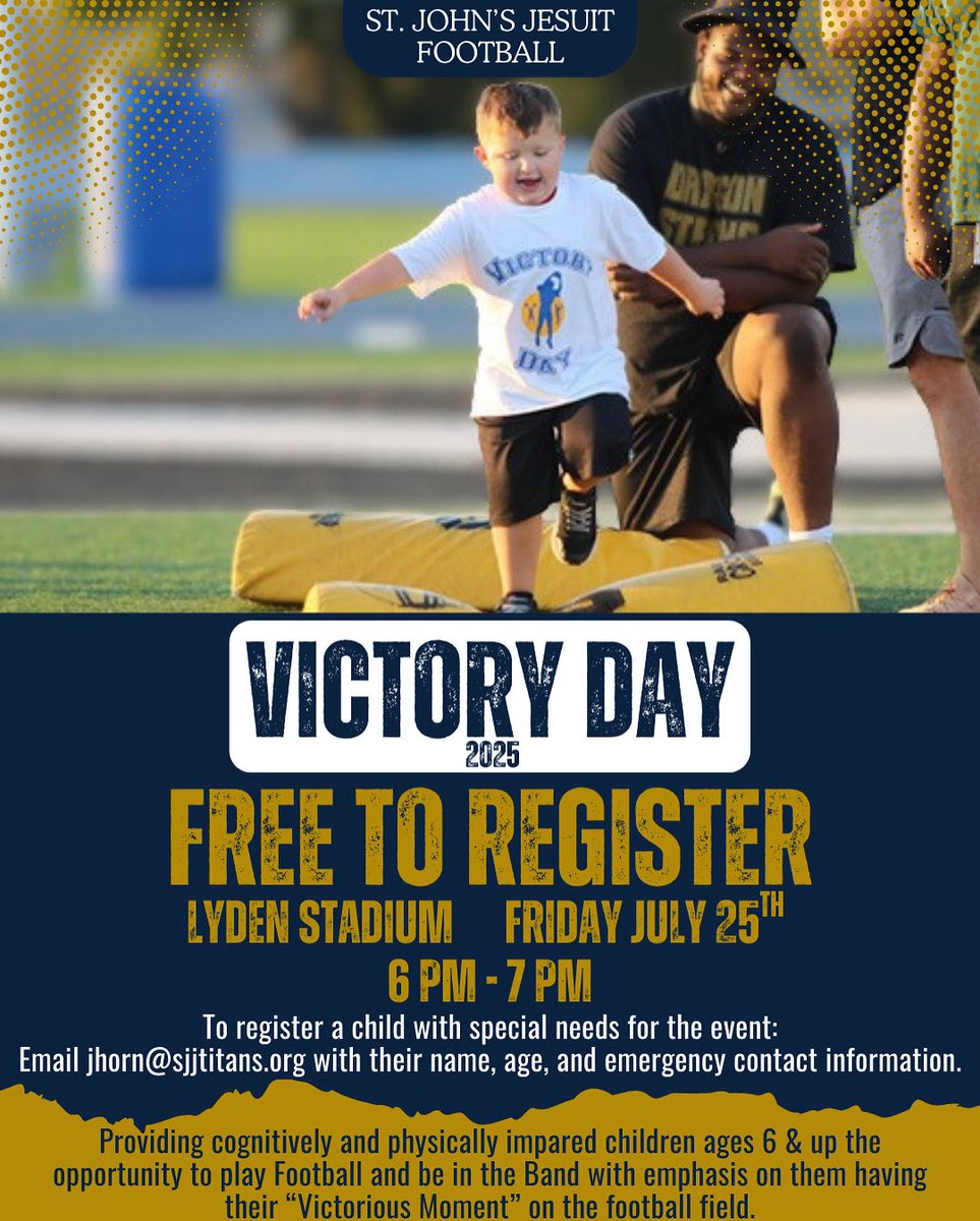 CoachJoeHorn's tweet image. Victory Day 2025
The St. John's Jesuit HS Football team is thrilled to announce the inaugural Victory Day 2025, a special event designed to provide cognitively and physically impaired children ages 6-18 with a unique opportunity to experience the thrill of football and band…