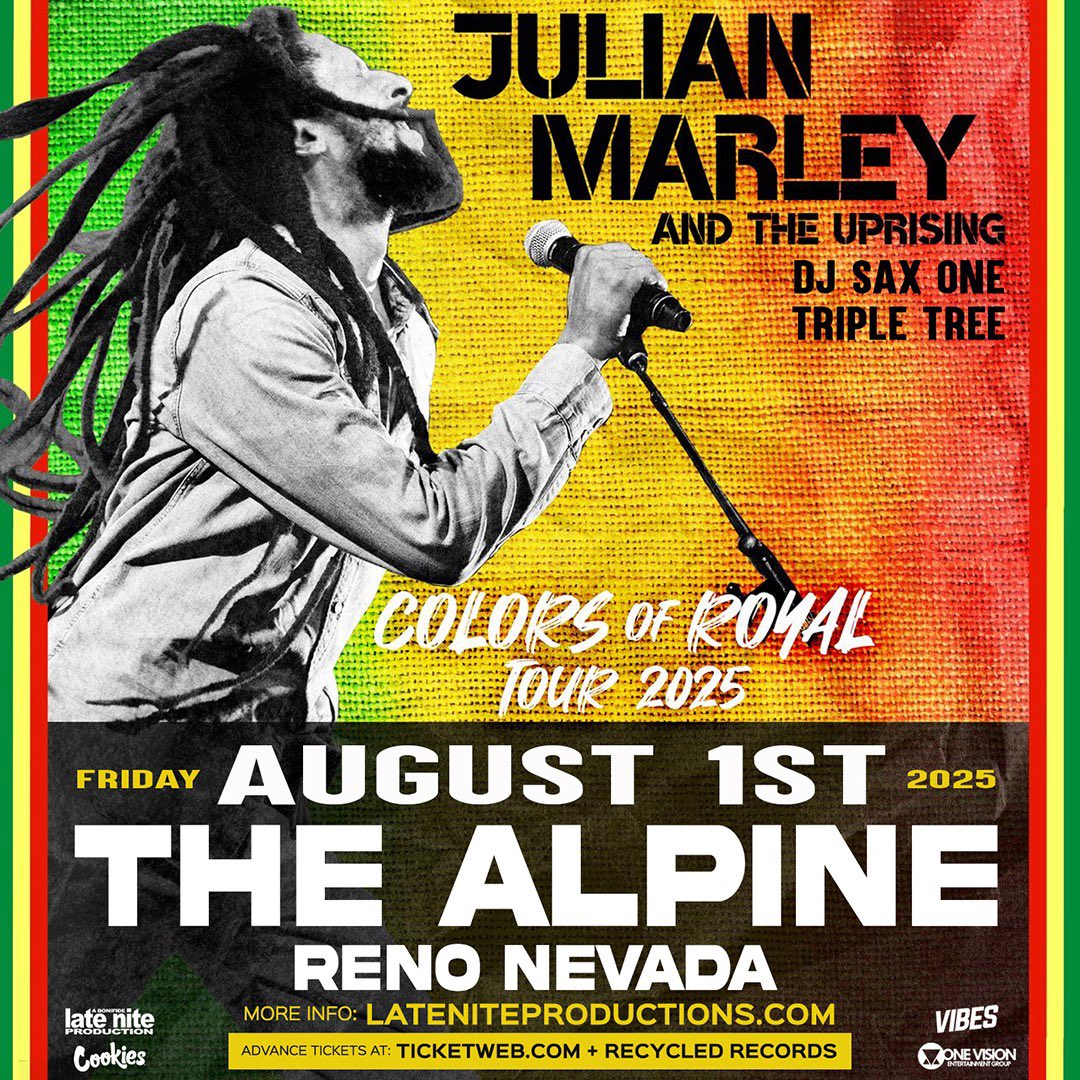 lateniteproductions Julian "JuJu" Marley brings his sweet Reggae Music to The Alpine in Reno Nv on Friday August 1st.
Special guests: Triple Tree &amp; DJ Sax One will warm up the Vibes!

<a href="/julianrmarley/">juliansy</a> @tripletreemusic @jammaltarkington @thealpine_reno @reggaefestivalguide