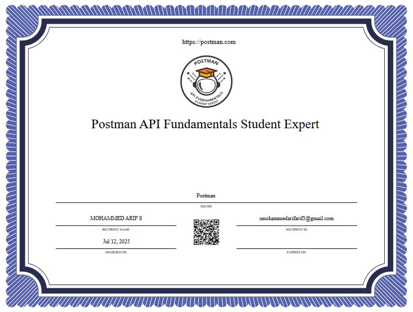sMohammedarifa2's tweet photo. πJust earned my Postman API Fundamentals Student Expert badge!
Learned the basics of APIs, requests, collections, tests & more with Postman.
Huge thanks to Ali Musthafa & Aanchalmishra for the support! π
Next up: deeper API development & testing!
#Postman #StudentExpert #GSSOC https://t.co/kkG48CITV9