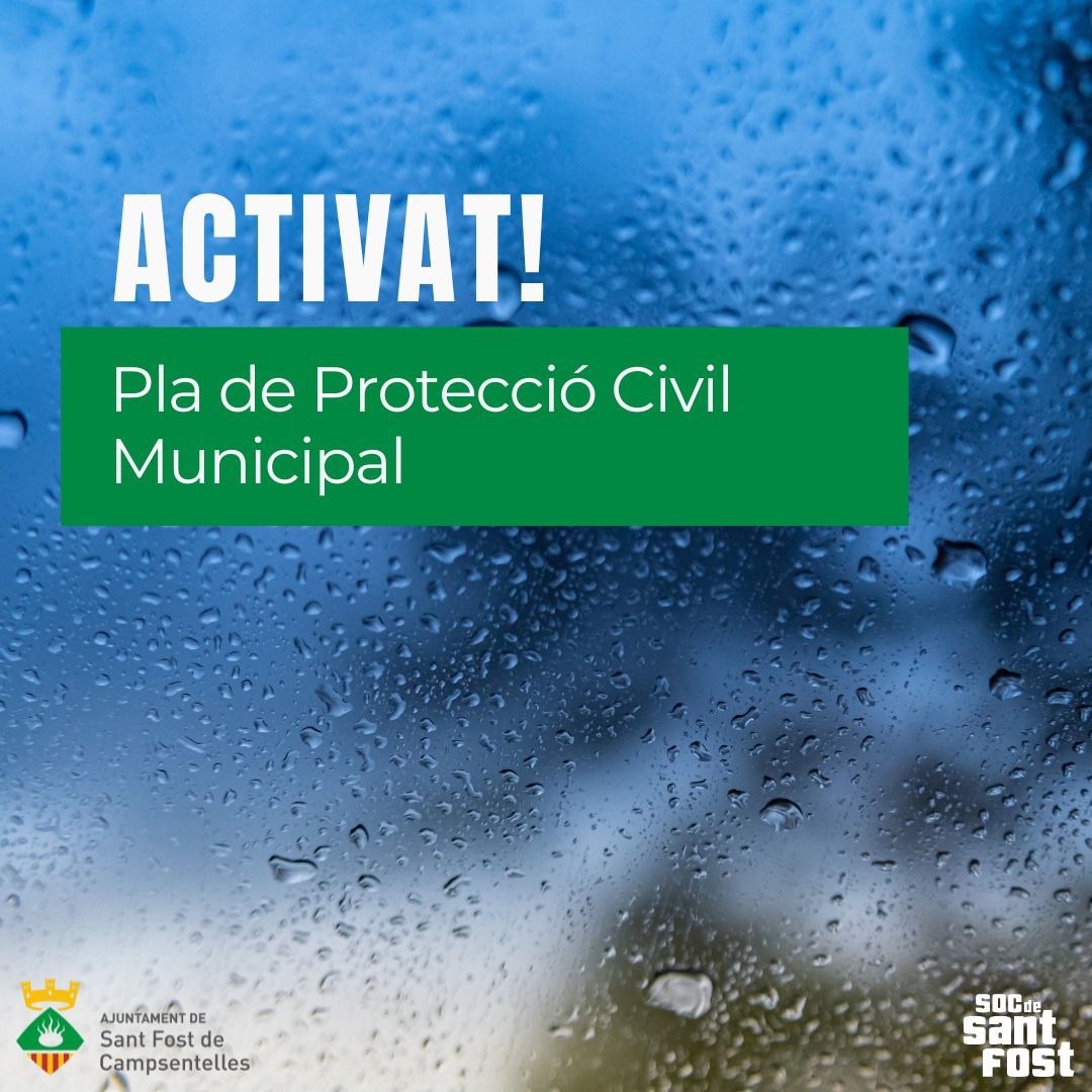 🚨Protecció Civil Sant Fost🚨 (@pcivilsantfost) on Twitter photo Activat el Pla de #ProteccióCivil Municipal de #SantFost <a href="/AJsantfost/">Ajuntament de Sant Fost</a> amb motiu de fortes ⛈️ pluges i inundacions.
<a href="/emergenciescat/">Protecció civil</a>
<a href="/Coordinadora_AV/">Coordinadora AVPC-Catalunya</a> Activat el Pla de #ProteccióCivil Municipal de #SantFost <a href="/AJsantfost/">Ajuntament de Sant Fost</a> amb motiu de fortes ⛈️ pluges i inundacions.
<a href="/emergenciescat/">Protecció civil</a>
<a href="/Coordinadora_AV/">Coordinadora AVPC-Catalunya</a>