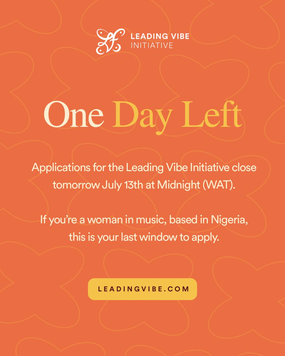 leadingvibeinit's tweet image. ⏳ONE DAY LEFT
Applications for the #LeadingVibeInitiative close tomorrow at midnight (WAT).
If you’re a woman in music, based in Nigeria, this is your final reminder to apply.
Head to leadingvibe.com before it’s too late.
