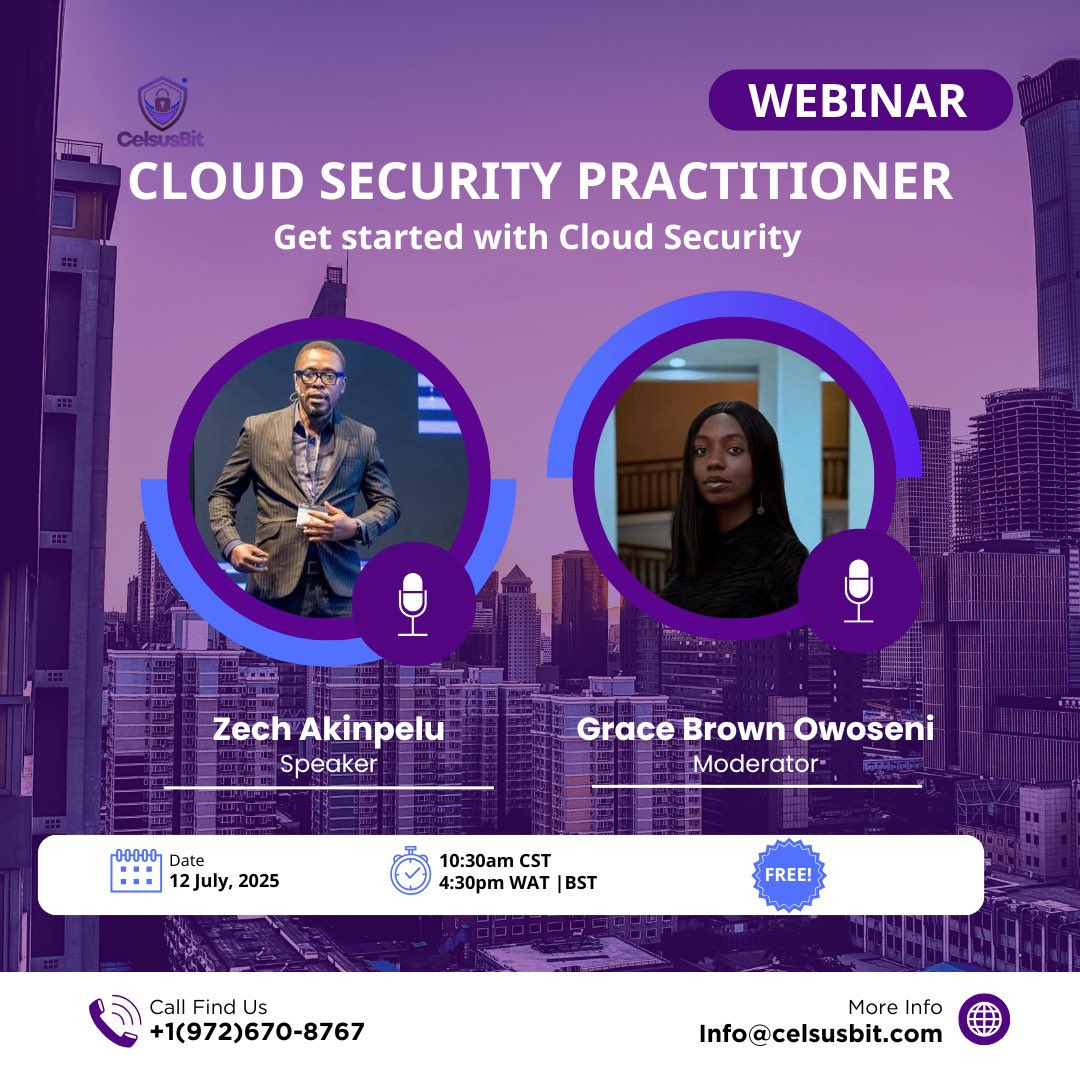 _TheGraceBrown's tweet photo. Today, I’ll be at @CelsusBit moderating a compacted session on “INTRODUCTION TO CLOUD SECURITY” with Zechariah Akinpelu as the Speaker 💪🏽.

https://t.co/tmbPi6UShv
Come learn how to better secure the cloud.

#Cybersecurity #GraceBrown #PublicSpeaker #TechCreative #CloudSecurity https://t.co/zHO8PwMstQ