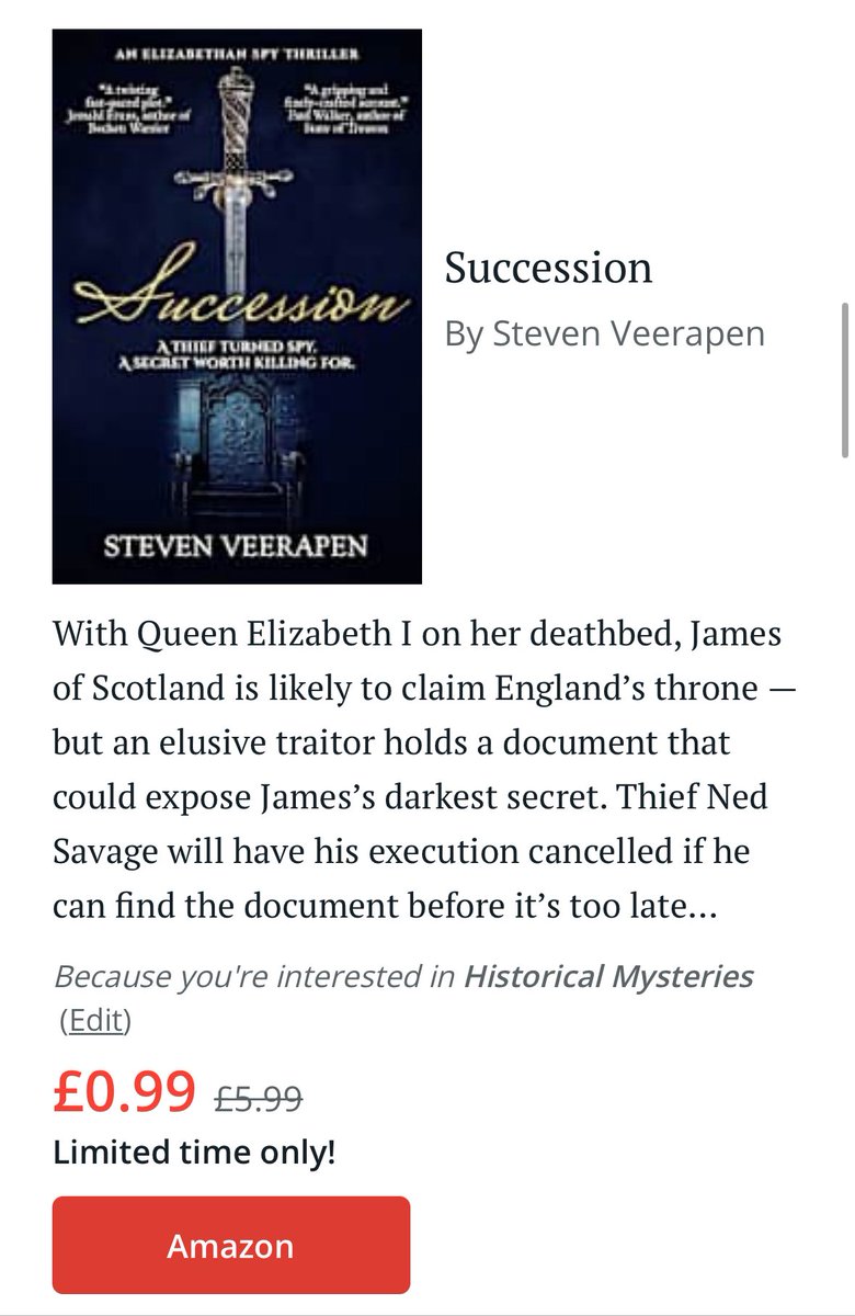 stevenveerapen's tweet image. On BookBub today - fitting, following the wonderful “Understanding King James” conference during the week!
Spying, murder and intrigue before, during and after the last days of Elizabeth I…
@SharpeBooks @AspectsHistory
amazon.co.uk/Succession-Eli…