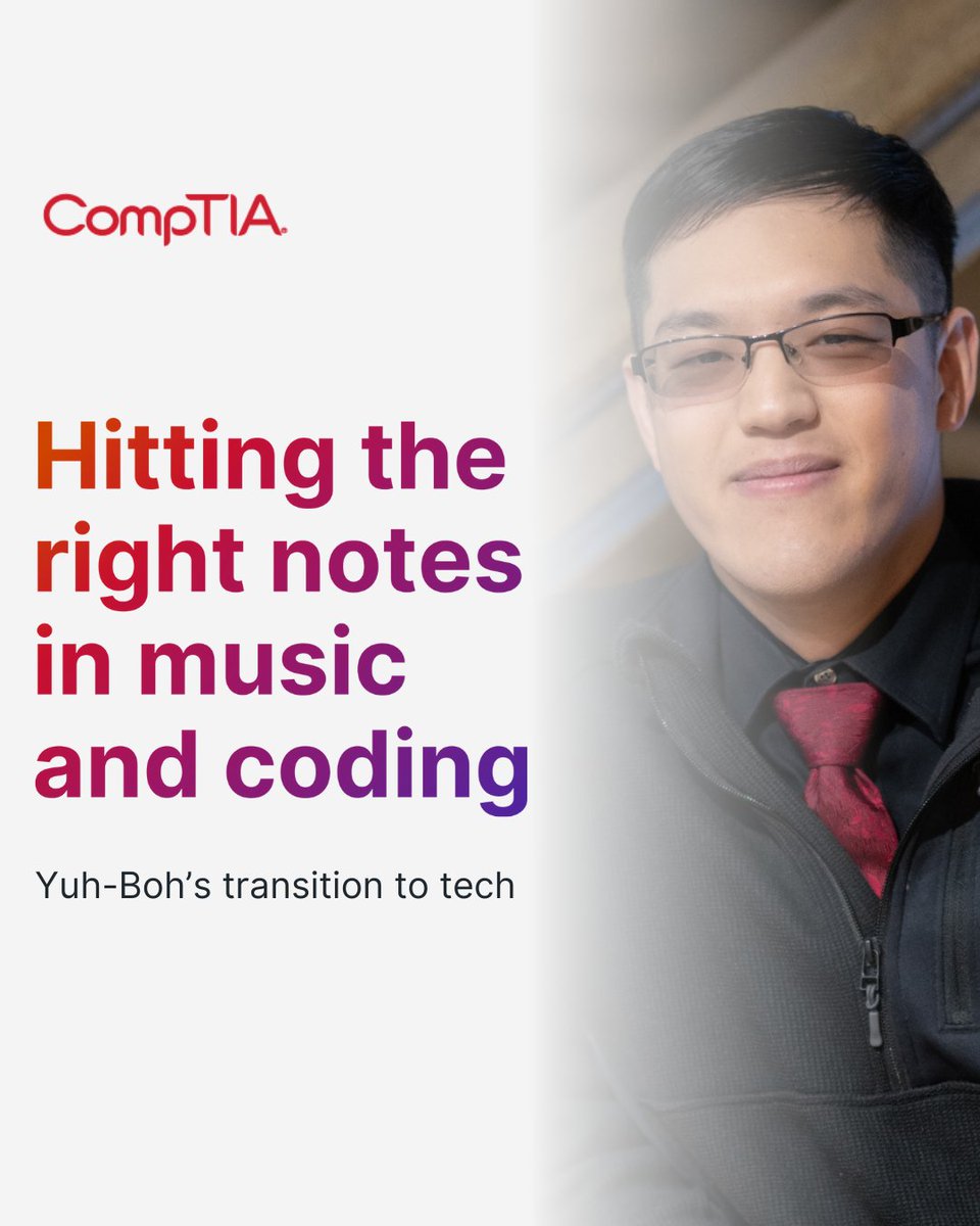 CompTIA's tweet image. Yuh-Boh Feng went from Army Reserve saxophonist to full-time software engineer.
He found creativity in code, challenged himself to learn fast, and never let go of his musical roots.
His story shows that passion and tech aren’t mutually exclusive. s.comptia.org/40duJ1C