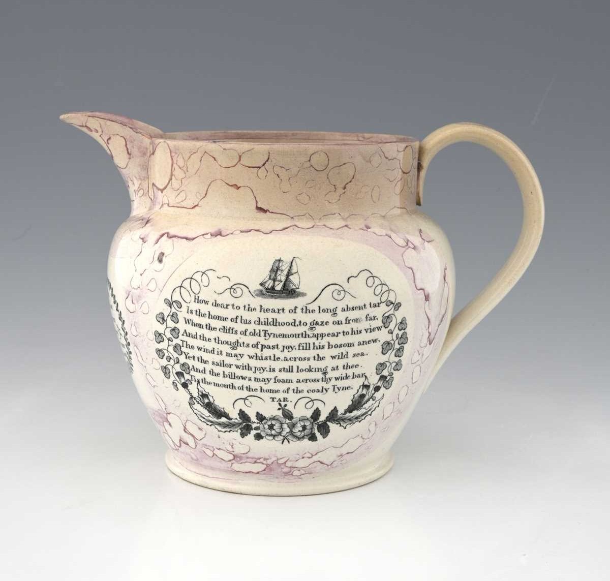 robertneuk's tweet image. At auction, an interesting Sunderland lustre jug with a lover's lament and a naive view of the mouth of the Tyne. 18cm high.
" ... the billows may foam across thy wide bar
Tis the mouth of the home of the coaly Tyne TAR."
Images: Kinghams Auctioneers