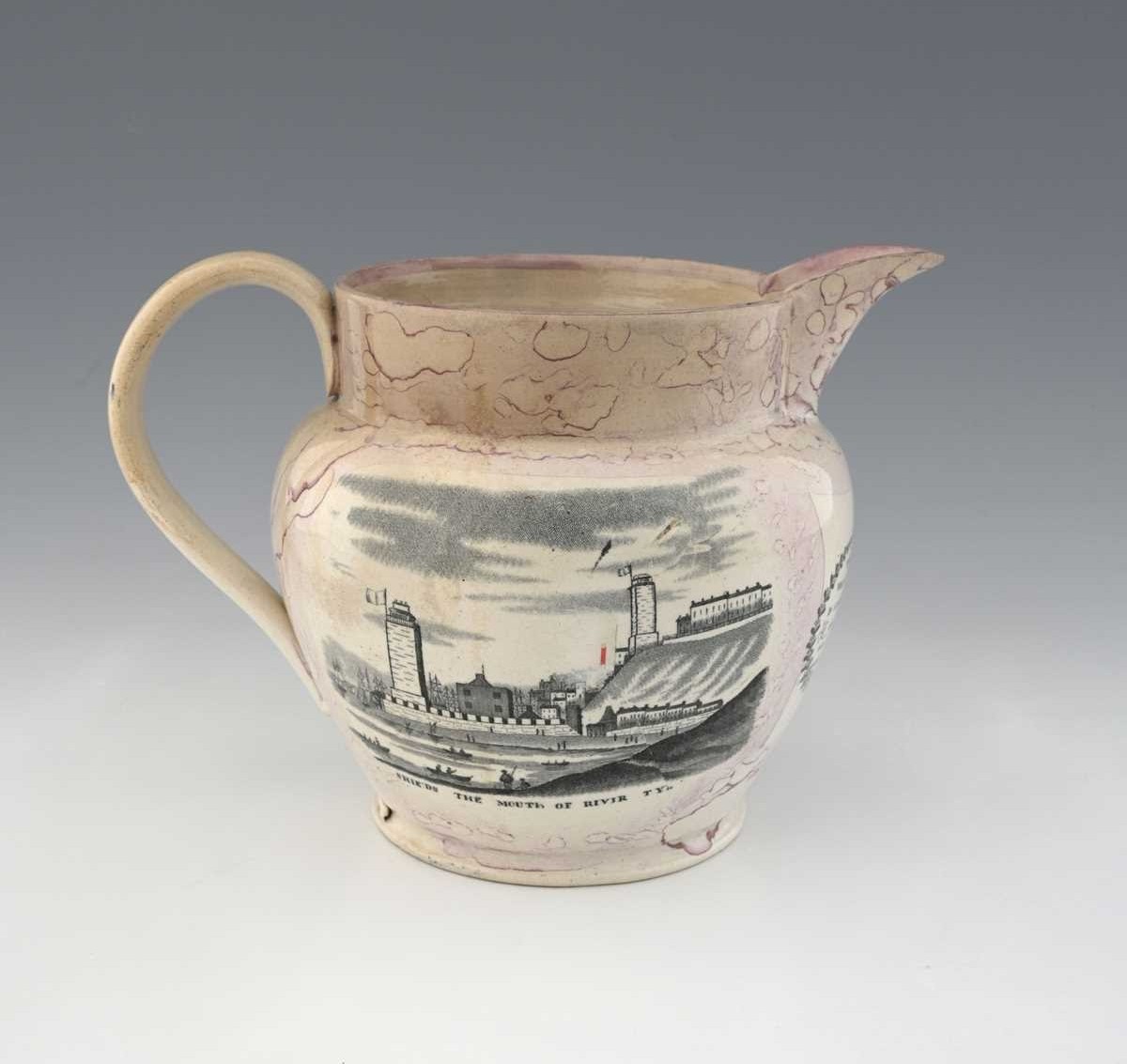 robertneuk's tweet image. At auction, an interesting Sunderland lustre jug with a lover's lament and a naive view of the mouth of the Tyne. 18cm high.
" ... the billows may foam across thy wide bar
Tis the mouth of the home of the coaly Tyne TAR."
Images: Kinghams Auctioneers