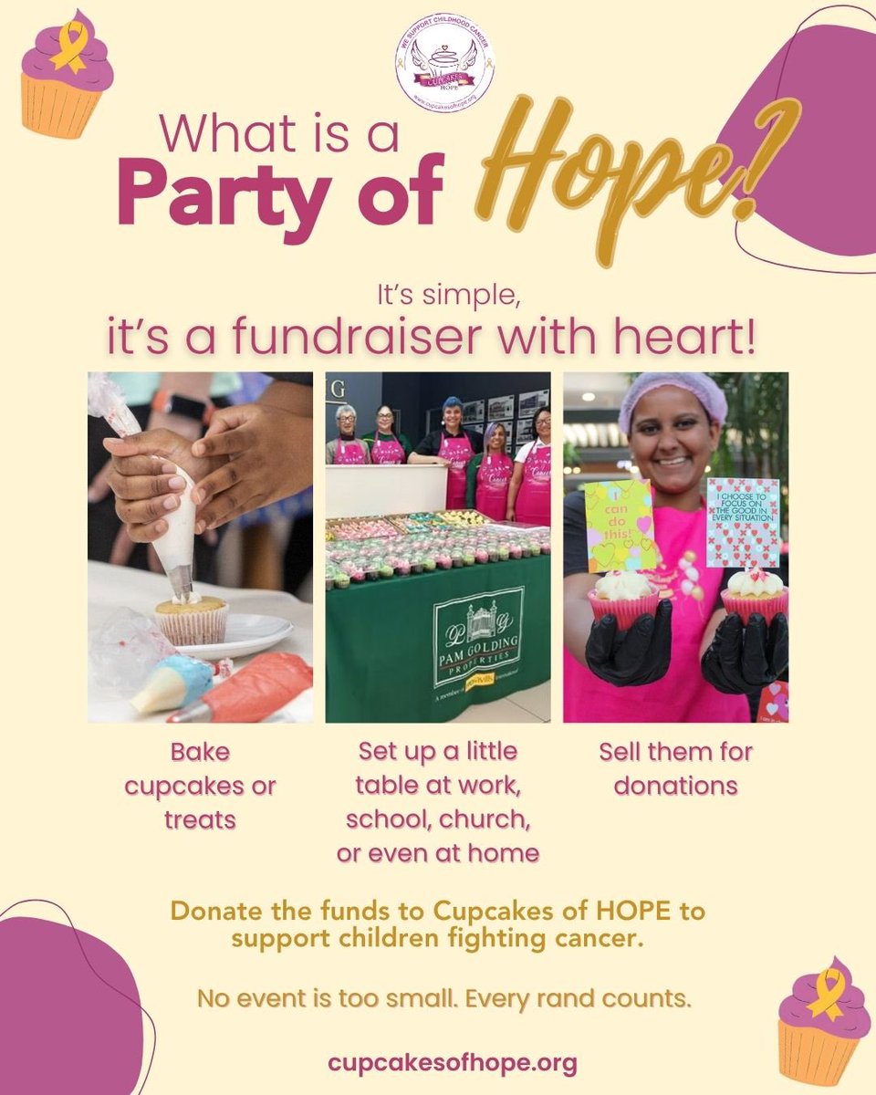 Hosting a Party of HOPE is easier than you think! You don’t need to be a pro baker, an event planner, or a big company to make a difference.
 
All you have to do is:
✅ Register your party of hope on: cupcakesofhope.org/host-a-fundrai…  
💛 No effort is too small to bring hope.