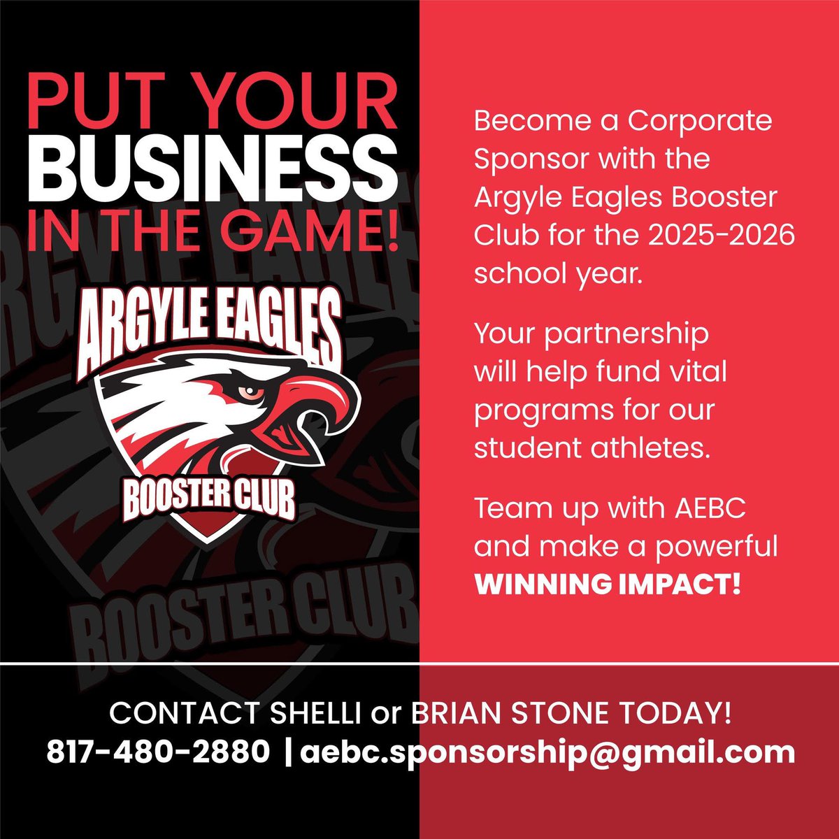 Argyle Eagles Booster Club (@argylesports) on Twitter photo Want to see your business in the Friday Night Lights?‼️
🦅 Advertise with us TODAY - @argylesports Corporate Sponsor Packages are NOW AVAILABLE! Contact Brian & Shelli Stone TODAY at aebc.sponsorship@gmail.com - deadline is Thursday, July 31st!
<a href="/argylegridiron/">Argyle Football</a> Want to see your business in the Friday Night Lights?‼️
🦅 Advertise with us TODAY - @argylesports Corporate Sponsor Packages are NOW AVAILABLE! Contact Brian & Shelli Stone TODAY at aebc.sponsorship@gmail.com - deadline is Thursday, July 31st!
<a href="/argylegridiron/">Argyle Football</a>