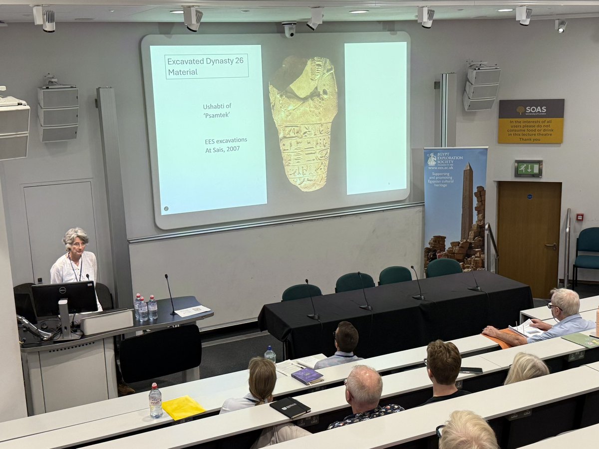 TheEES's tweet photo. Dr Penelope Wilson (EES Trustee) presents our final #EESstudyday presentation of four Delta Capitals in chronological order with Sais: The City that Overcame Instability.
The only evidence to present royal tombs at Sais takes form of a fragmentary shabti of Psamtek. https://t.co/9vkz8PWu9s